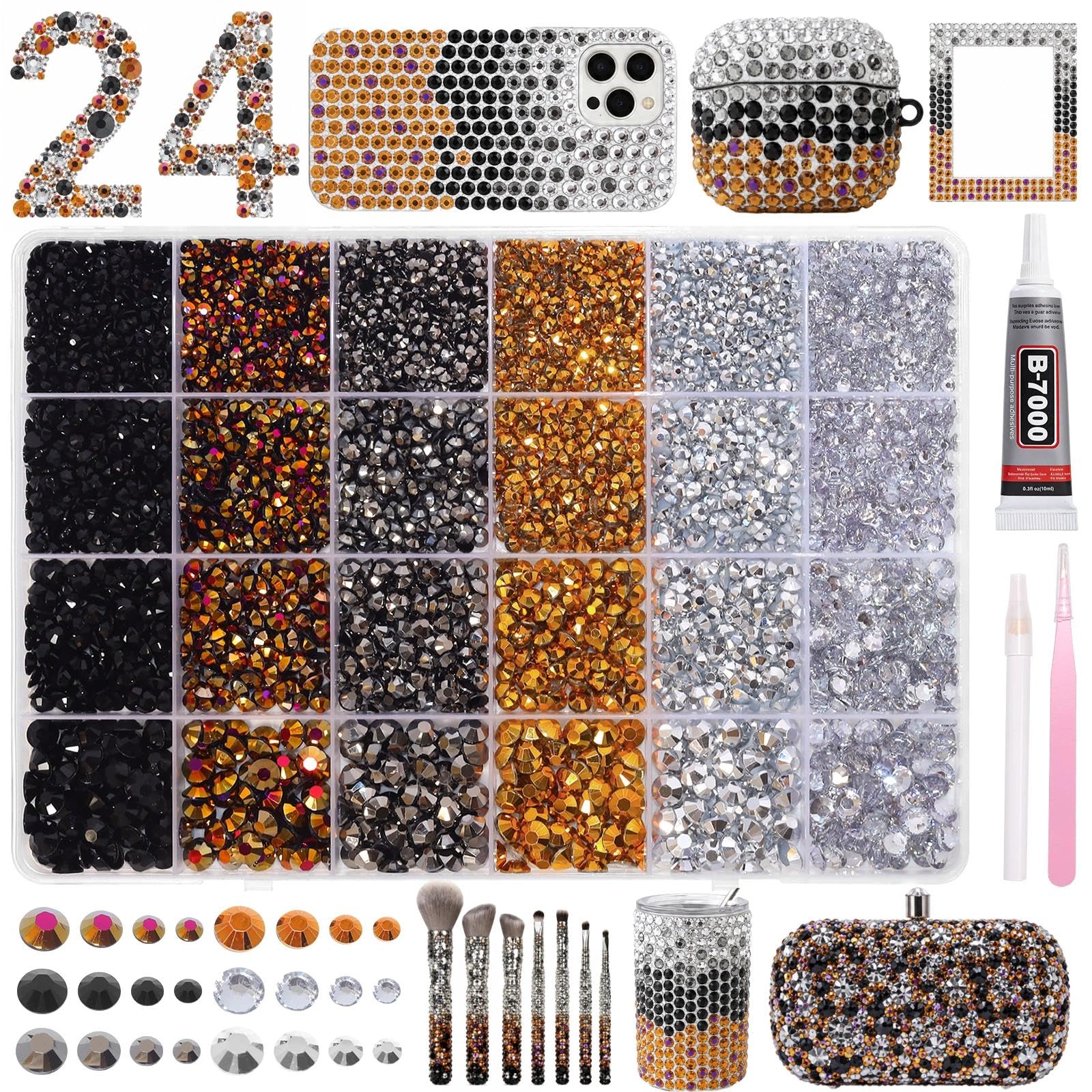 24 Grids Rhinestones Bedazzling Kit, Black Gold Silver Gems for Crafts DIY