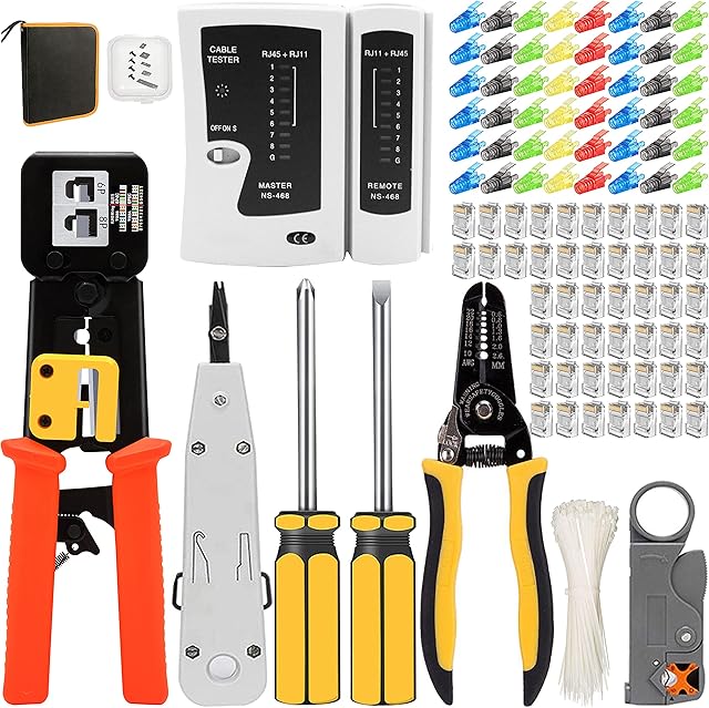 MAYLINE Crimper RJ45/RJ11/RJ12 Network Cutter Tool Kits, CAT5/CAT6 Professional Net Computer Maintenance LAN Cable Tester Stripper, Wire Crimp Pliers Repair Stripping Crimping Tool Set (Orange)