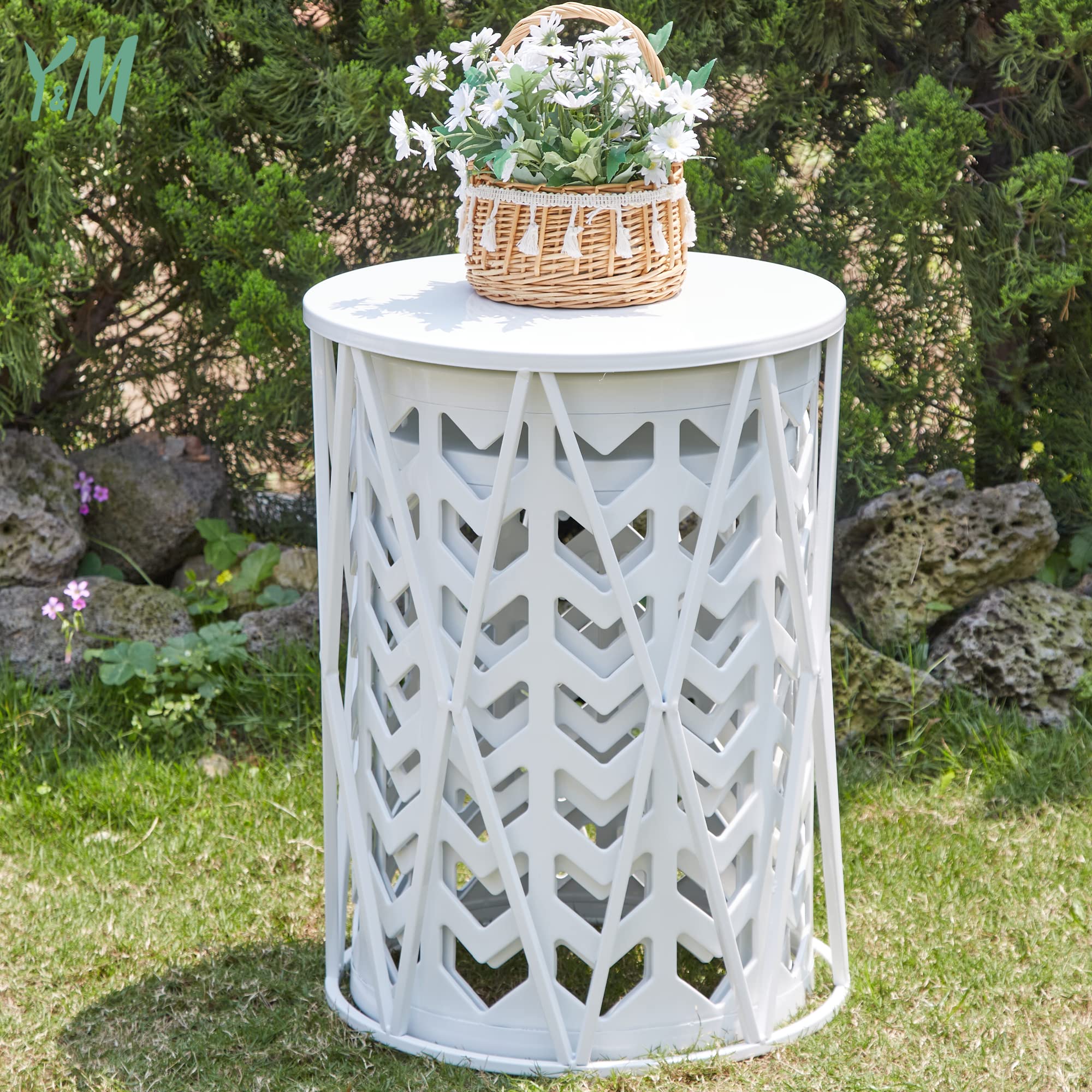 Juego de 3 mesas de centro redondas de metal, mesa auxiliar para uso multifuncional en interiores y exteriores, soporte de metal resistente para plantas, taburete de jardín, color blanco 7
