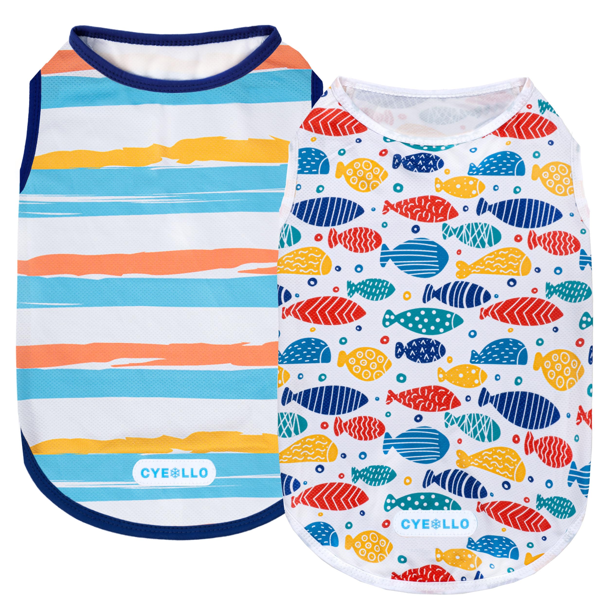 cyeollo 2pack Dog Cooling Shirt, Breathable Sleeveless Summer Clothes for Dogs, Intant Cool T Shirts for Small Dogs, Blue Fish L