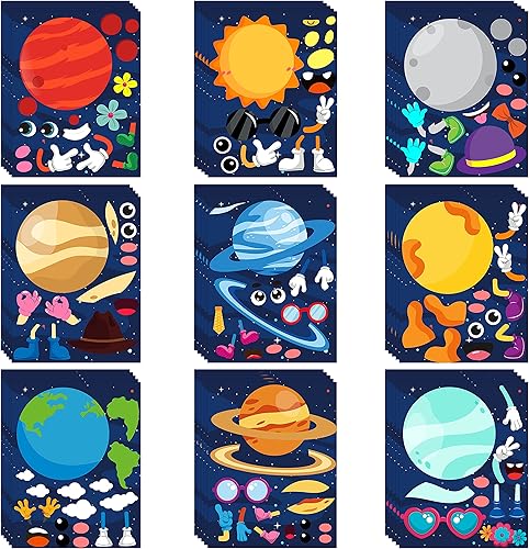 WATINC Juego de 45 calcomanías para hacer tu propio planeta, 9 planetas del sistema solar, calcomanías de fiesta de cumpleaños para niños, hazlo tú