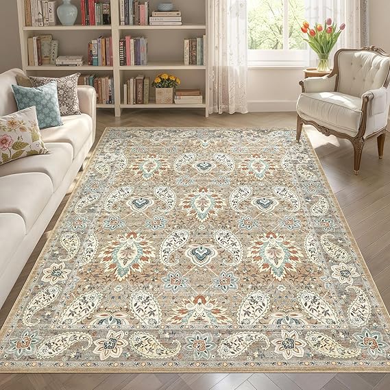 Tortania Area Rug Living Room Rugs - 5x7 Washable Boho Rug Vintage Oriental Distressed Farmhouse Large Thin Indoor Carpet for Living Room Bedroom Under Dining Table Home Office - Paisley Brown