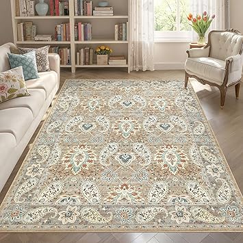 Tortania Area Rug Living Room Rugs - 5x7 Washable Boho Rug Vintage Oriental Distressed Farmhouse Large Thin Indoor Carpet for Living Room Bedroom Under Dining Table Home Office - Paisley Brown