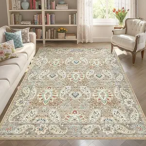 Tortania Area Rug Living Room Rugs - 5x7 Washable Boho Rug Vintage Oriental Distressed Farmhouse Large Thin Indoor Carpet for Living Room Bedroom Under Dining Table Home Office - Paisley Brown