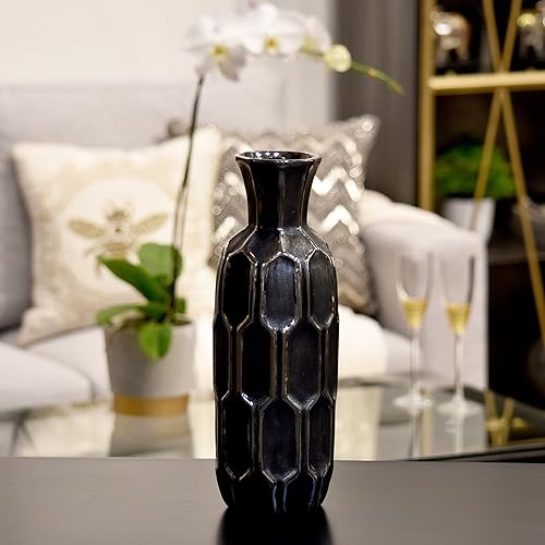 Miniatura 2 de Urban Trends Cerámica Cuello Corto Redondo y Diseño Hexagonal En Relieve Cuerpo SM Acabado Desgastado Florero Plata