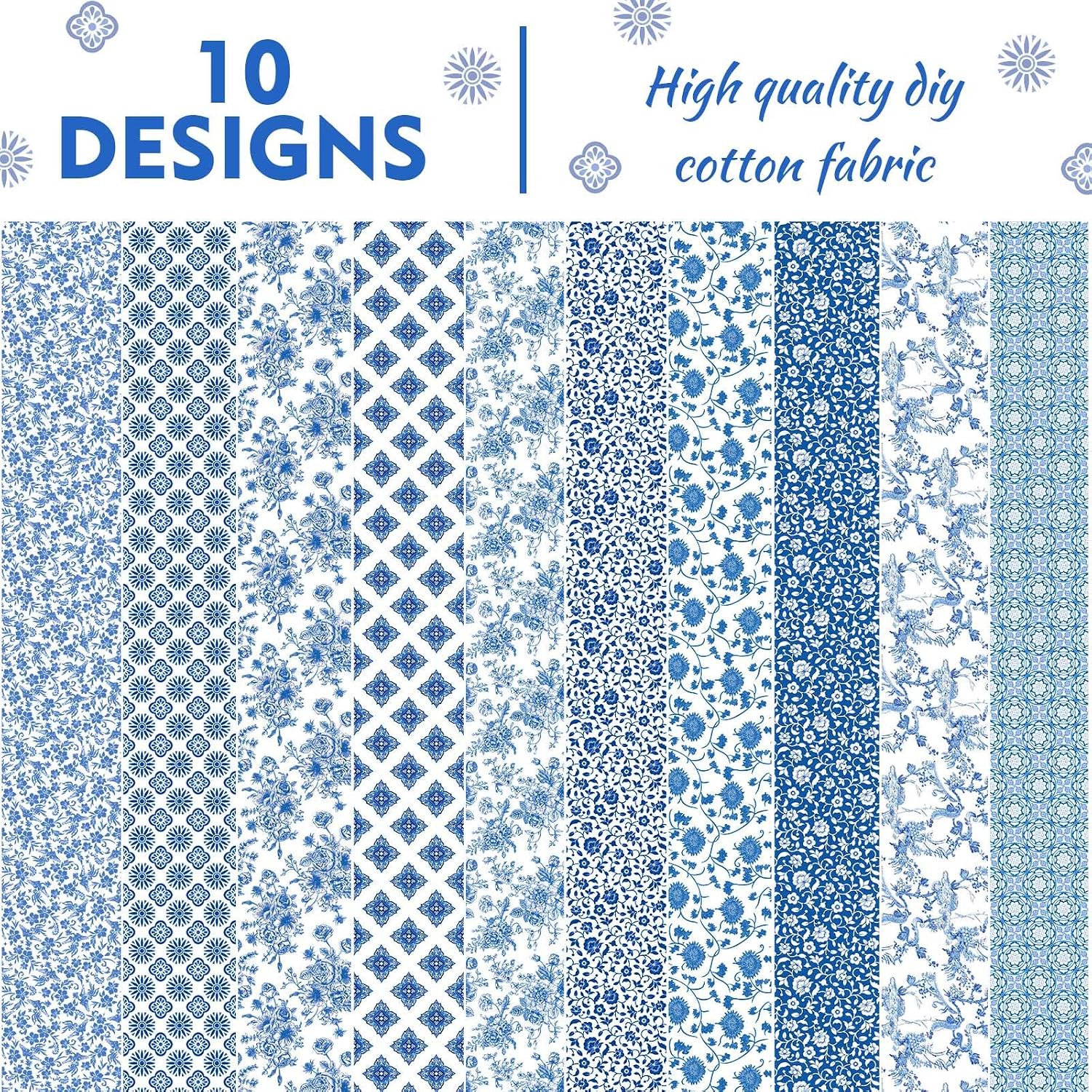 Bolsome 50Pcs Chinoiserie Jelly Polyester Fabric Strips White Blue Floral Quilting Strips Assorted Patterns Patchwork Craft Sewing Supplies for Quilters and Sewing Crafts, 39.37 × 2.55 Inch