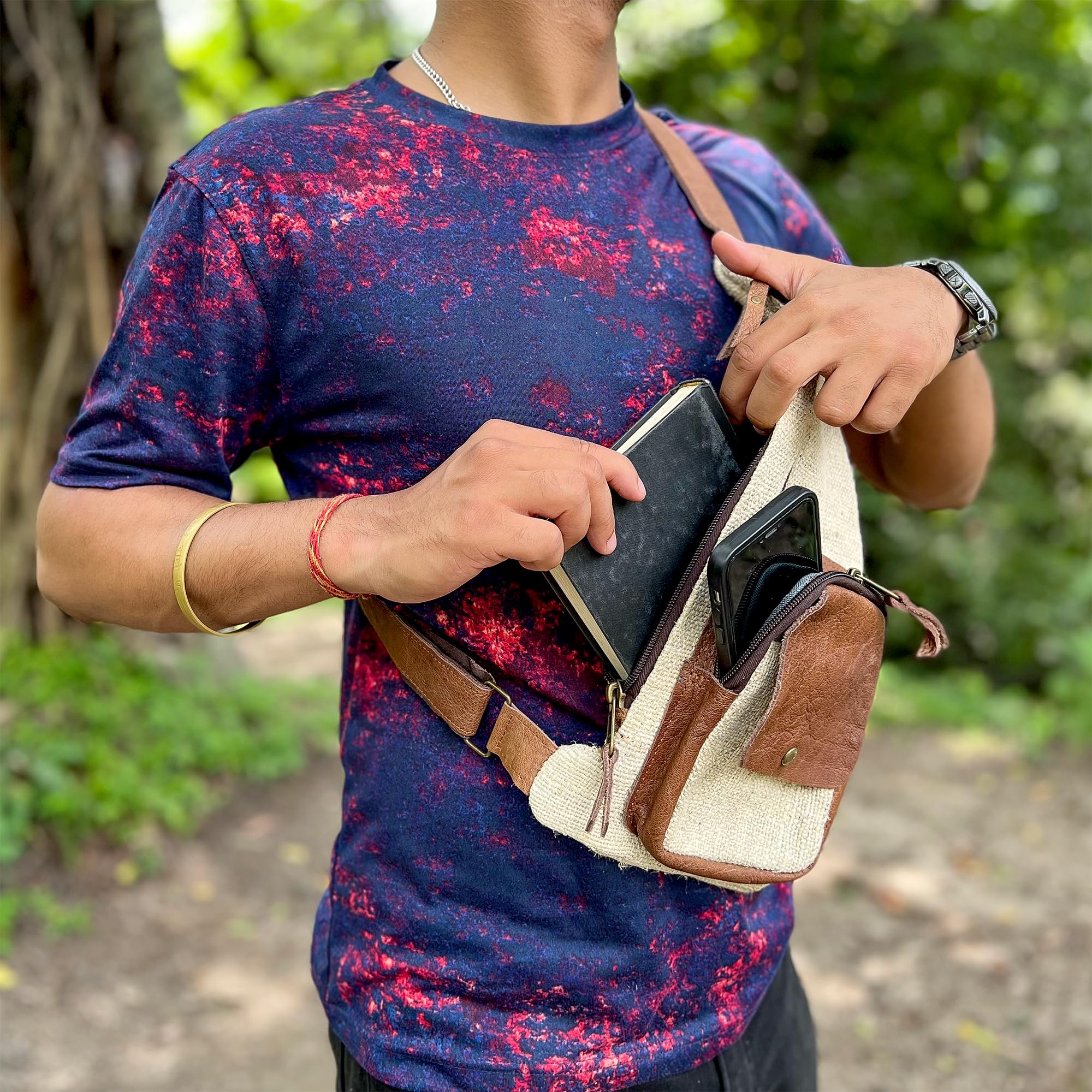 Bolso bandolera de algodón de cáñamo hecho a mano con correa de cuero, 100% natural, fabricado en Nepal