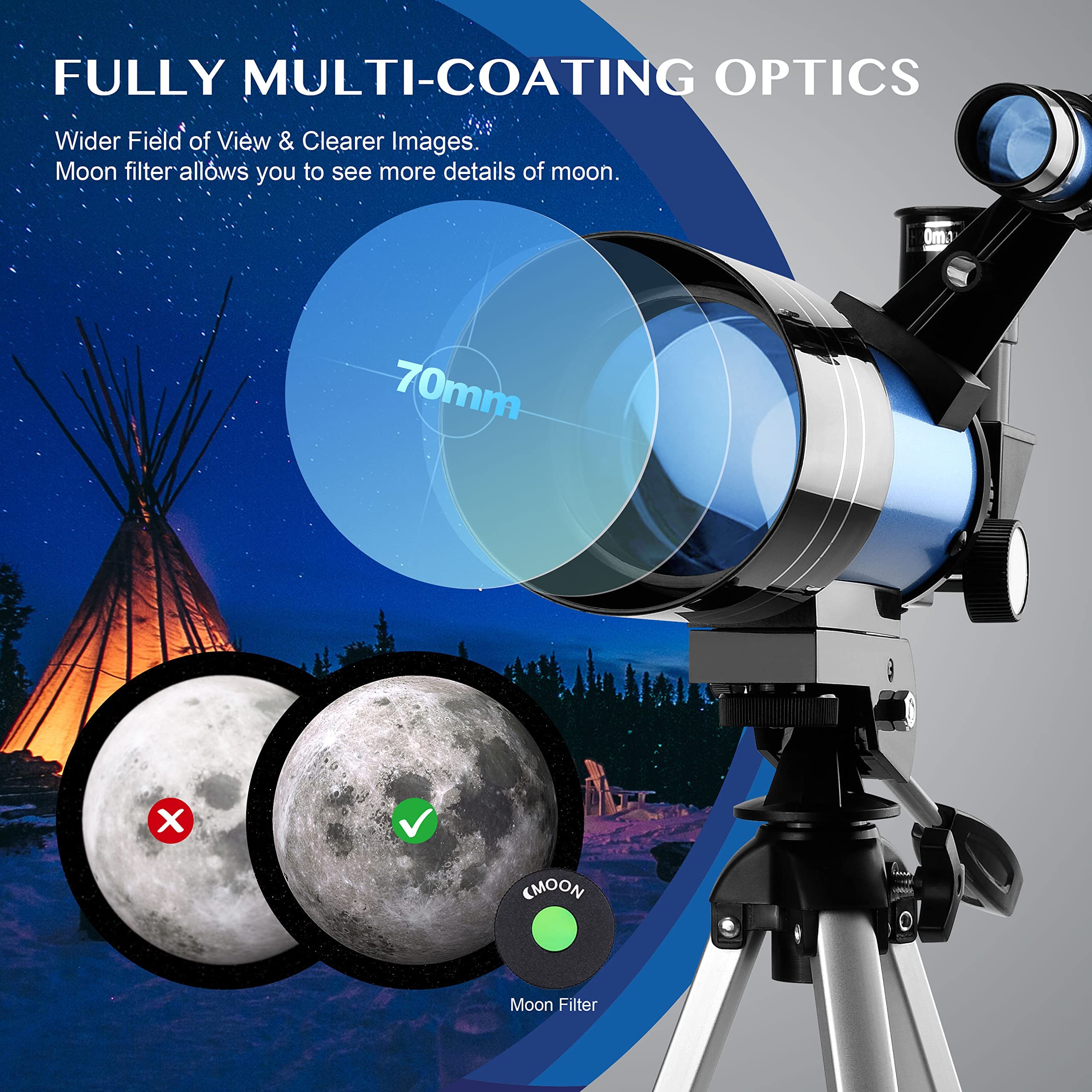 Aomekie Teleskop Kinder Einsteiger 70MM Teleskop Astronomie mit Smartphone Adapter Aluminium Stativ Barlow und Umkehrlinse (150, x)