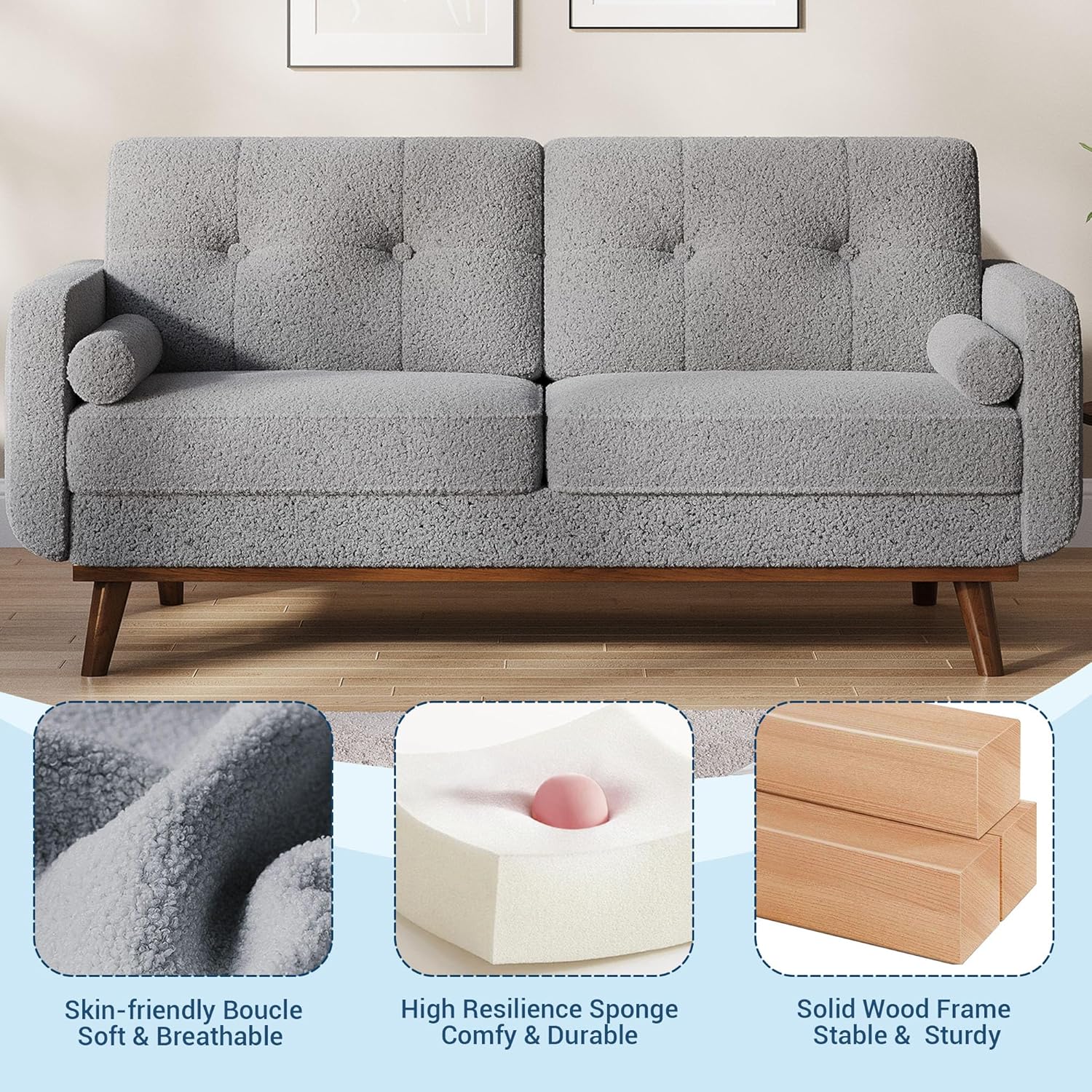 IDEALHOUSE 65" Mid Century Modern Couch Sofa Loveseat, Comfy Love Seat Couches for Living Room, 2 Seater Teddy Fleece Boucle Upholstered Deep Seat Couch for Bedroom Office Small Space, Gray