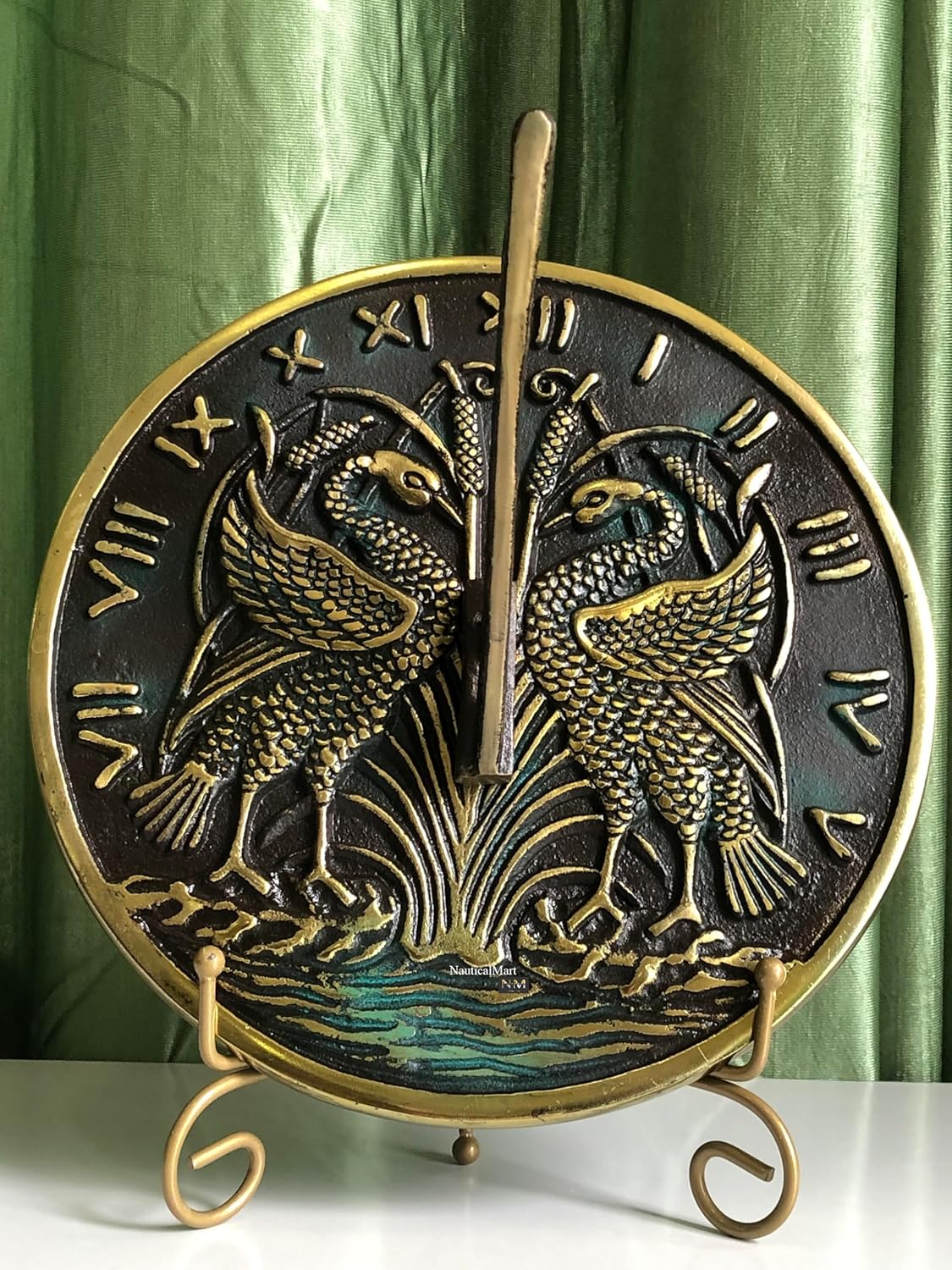 NauticalMart Brass Swan Garden Sundial - Home & Outdoor Decor Vinatge Solid Brass with Verdigris Highlights - Birthday Gift, Wedding Gift, Couple Gift Sundial