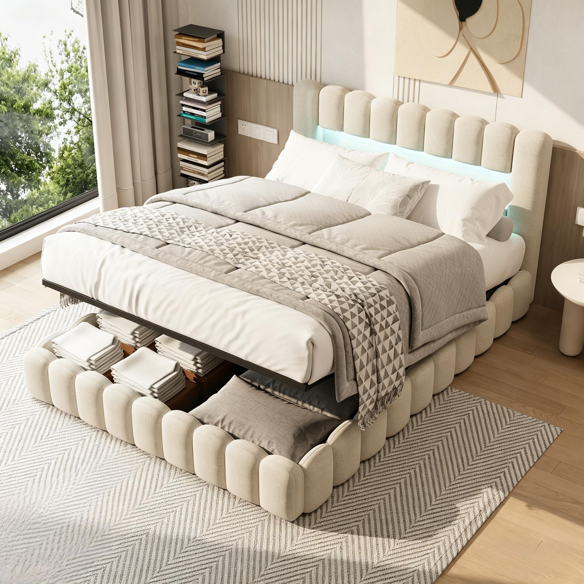 Cama tapizada 180x200 con Almacenamiento hidráulico, Cama Doble con LED y USB, Cama Juvenil con Cabecero Acolchado y Base de Láminas, Lino (Beige, 180 x 200cm