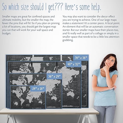 Miniatura 3 de Conquest Maps Mapa de viaje del mundo con alfileres estilo pizarra moderno, tablero de corcho, sigue tus viajes con un mapa de lona único hecho a
