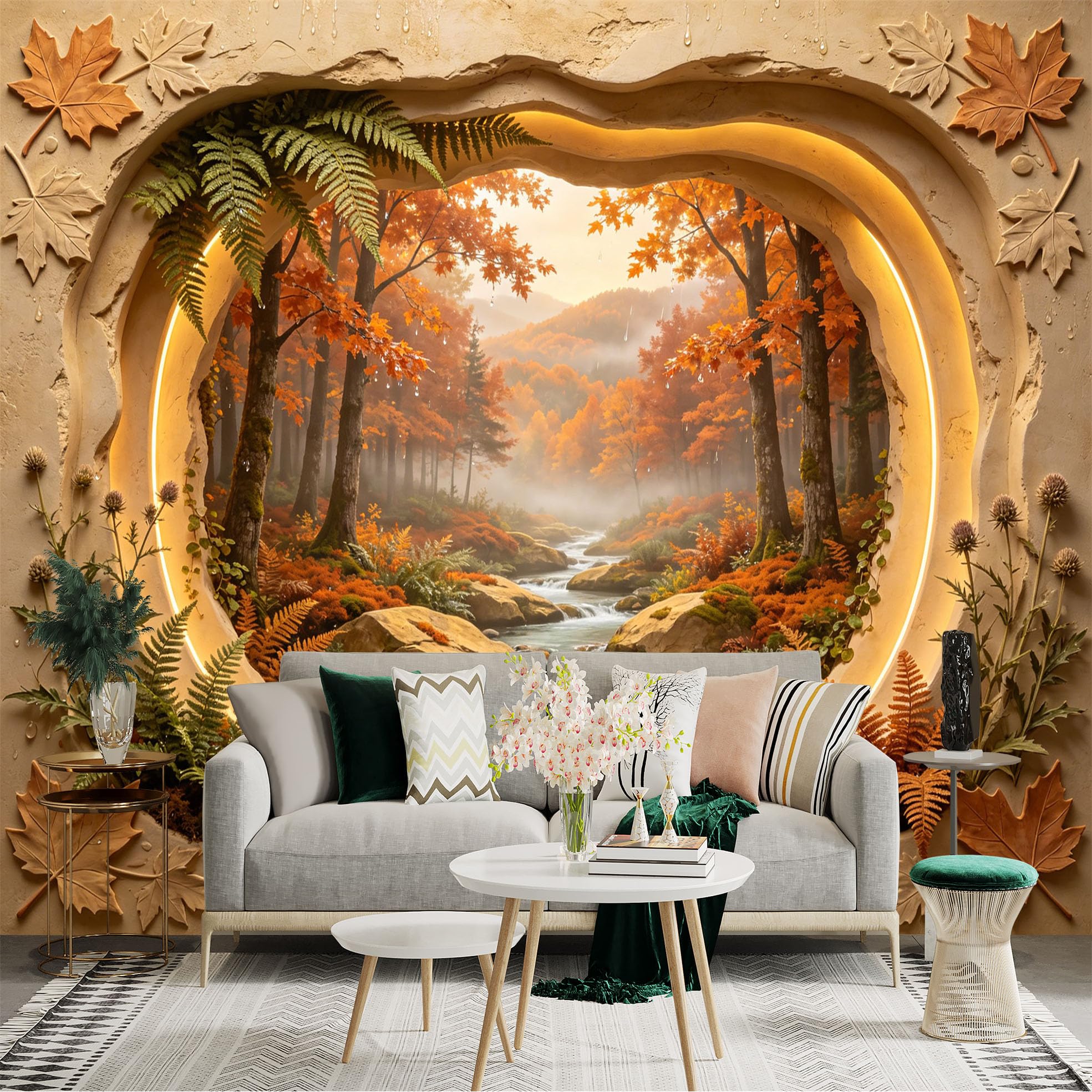 Custom Size Wall Sticker Mural， Autumn Forest with River， Misty Mountains and Golden Leaves， for wall Decoration， peelandstick wall Decals.