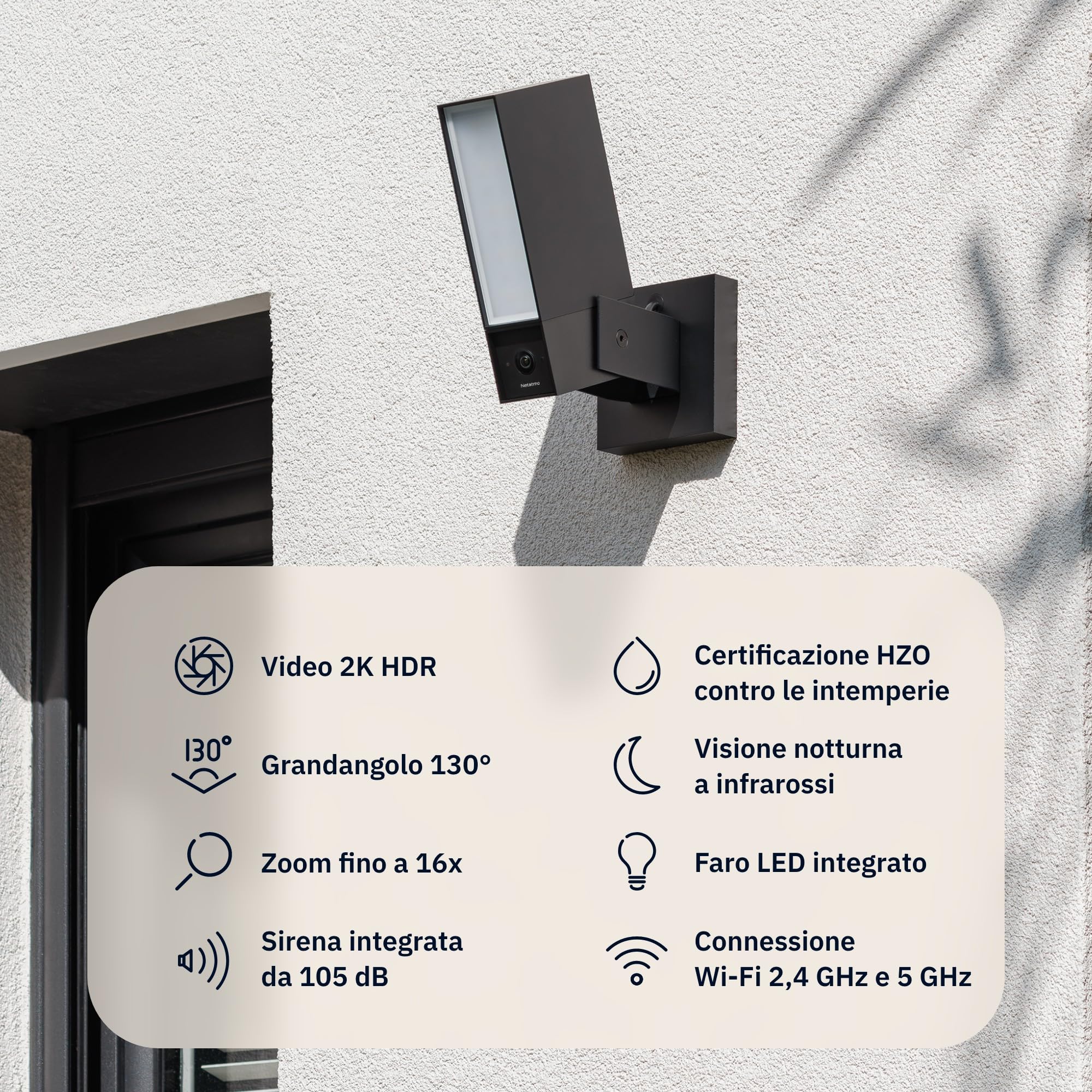 Netatmo Videocamera di Sorveglianza Esterna, WiFi 5 GHz, 2SD, 2K HDR, Rilevamento intelligente di persone/Veicoli e animali/proiettore LED 12 W, Sirena 105 dB, Archiviazione locale, NOC2-B-AMZ
