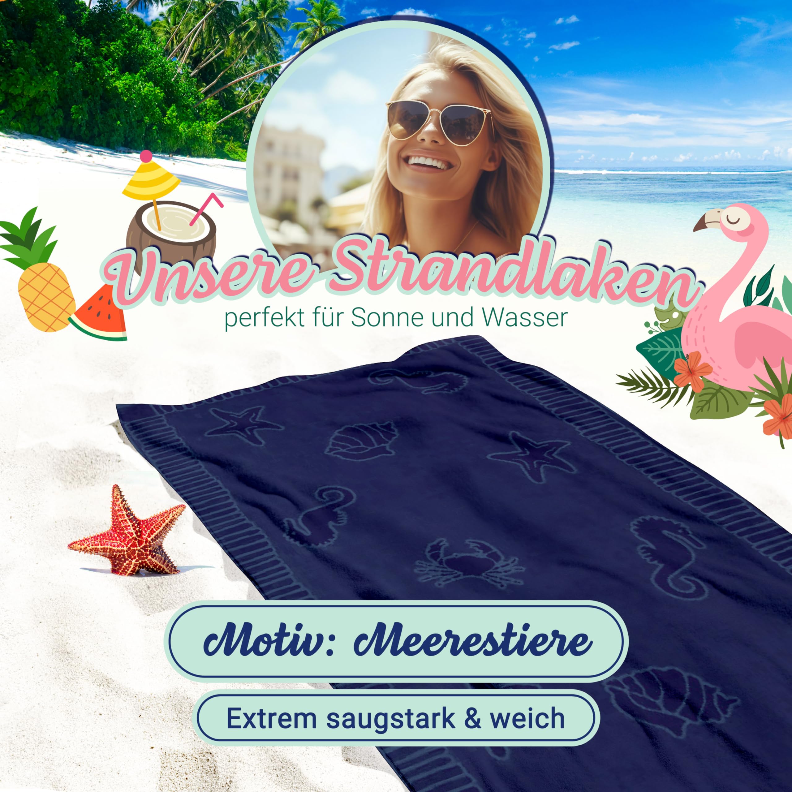 ZOLLNER Strandtuch - hautfreundliches und saugstarkes Handtuch in 100x200 cm - waschbar bis 60°C - Baumwolle in blau - eingewebte Meerestiermotive - Oeko Tex® Zertifiziert