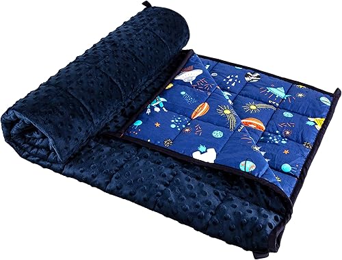 BEDCOLOR Manta pesada Minky de 5 libras, de algodón suave, manta pesada para acurrucarse para dormir, lindo patrón de nave espacial de galaxia azul,