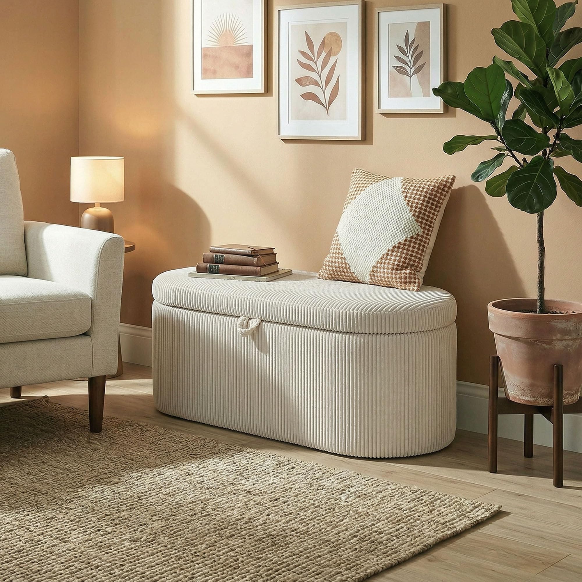 HOMCOM Sitzbank mit Stauraum Polsterbank 105 x 51 x 49 cm mit Holzrahmen, Streifenstruktur, Cord-Optik, Sitztruhe mit Doppelscharniere Bank bis 200 kg für Wohnzimmer, Schlafzimmer, Flur, Beige