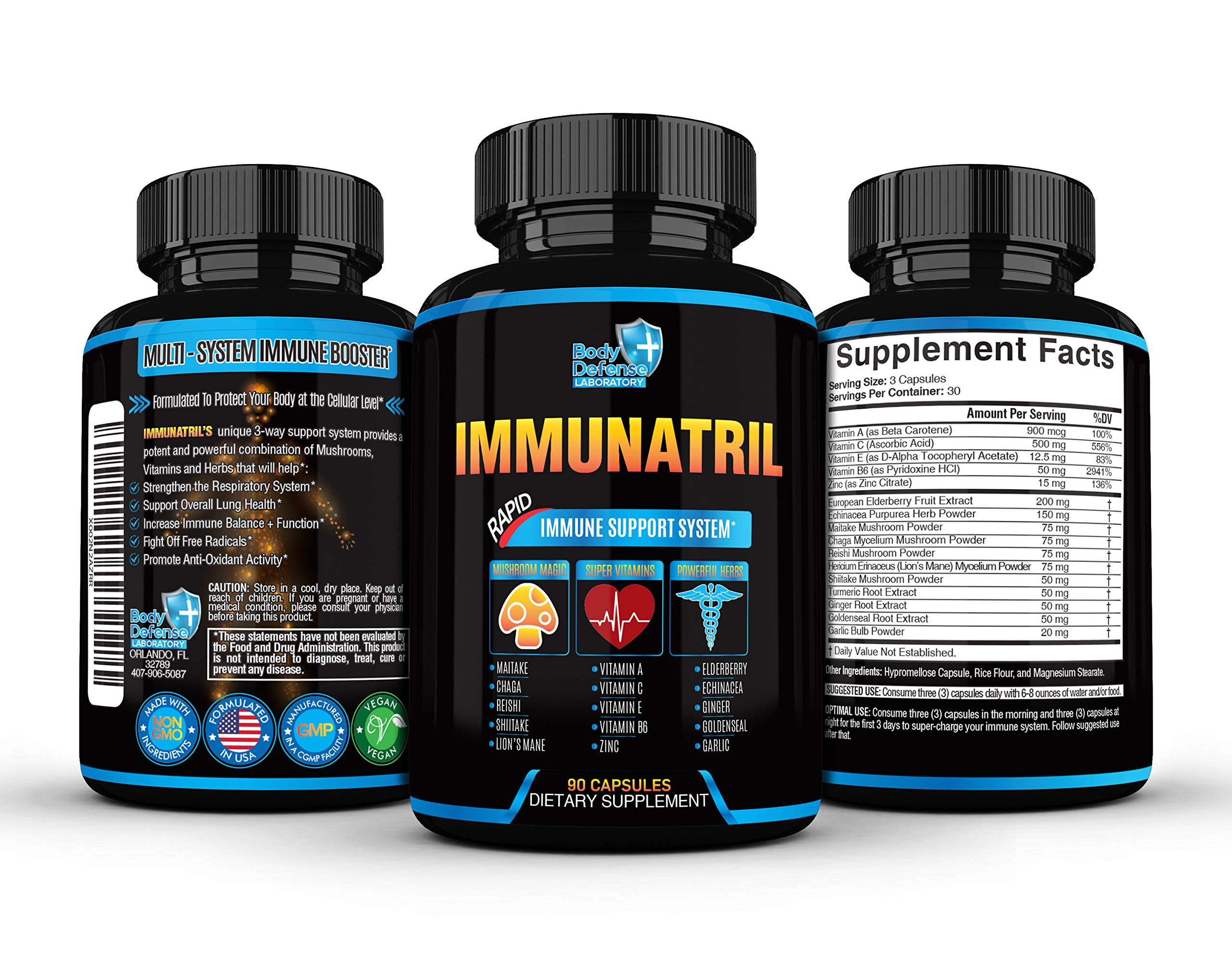 Immunatril (3 Bottles - 270 Veg Caps) - 16-in-1 Rapid Immune Support, with Organic Mushrooms, Elderberry, Echinacea, Goldenseal, Vitamins & Zinc