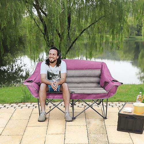 Miniatura 2 de Northroad Silla de camping doble de gran tamaño, sofá biplaza totalmente acolchado, silla doble plegable resistente con portavasos, reposabrazos y