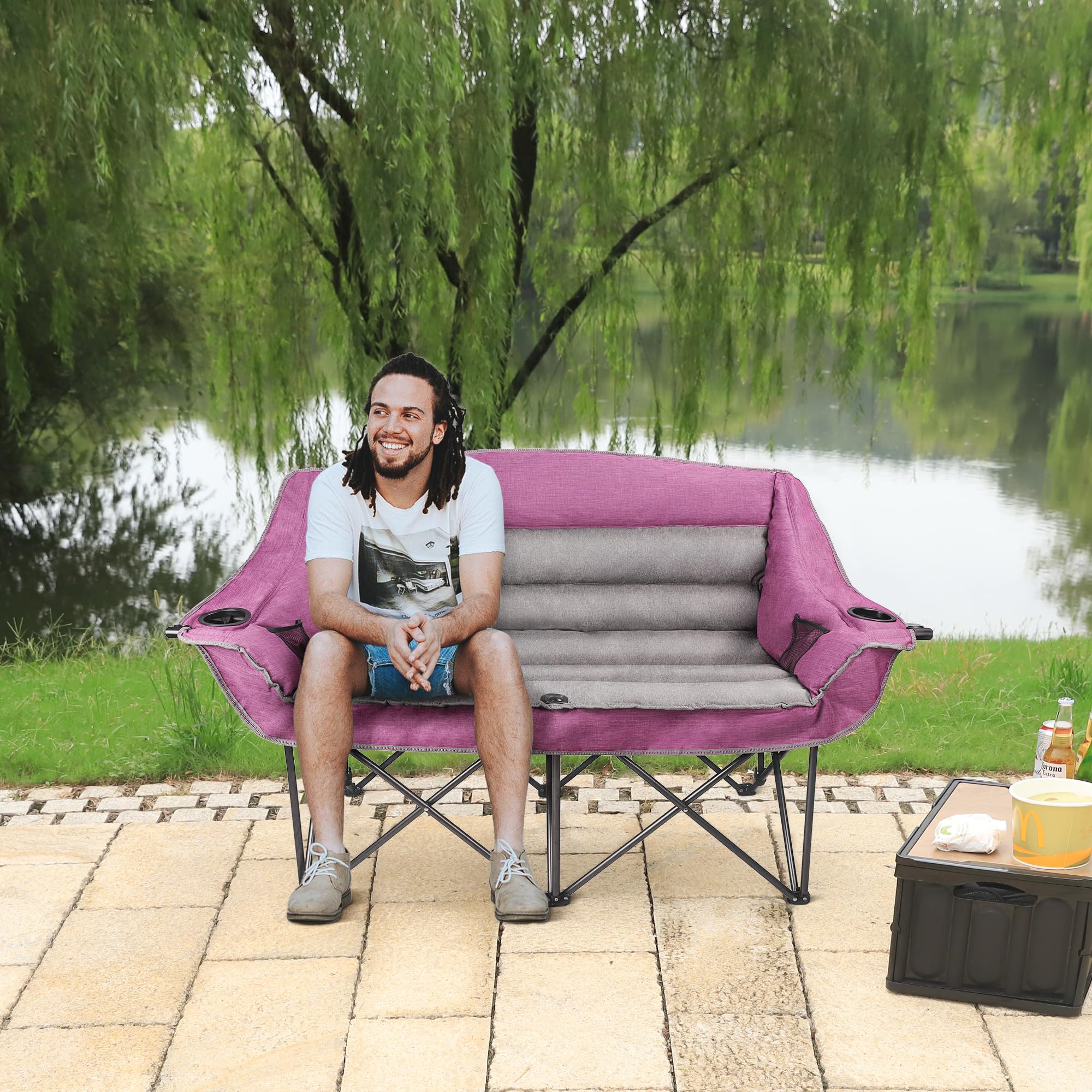 Northroad Folding Loveseat Camping Stuhl Portable Double Duo voll gepolstert Garten Stuhl für 2 Personen Sofa w/Becherhalter, Weinglas Halter, Mesh Storage, Support 600lbs für Picknick Strand Reisen