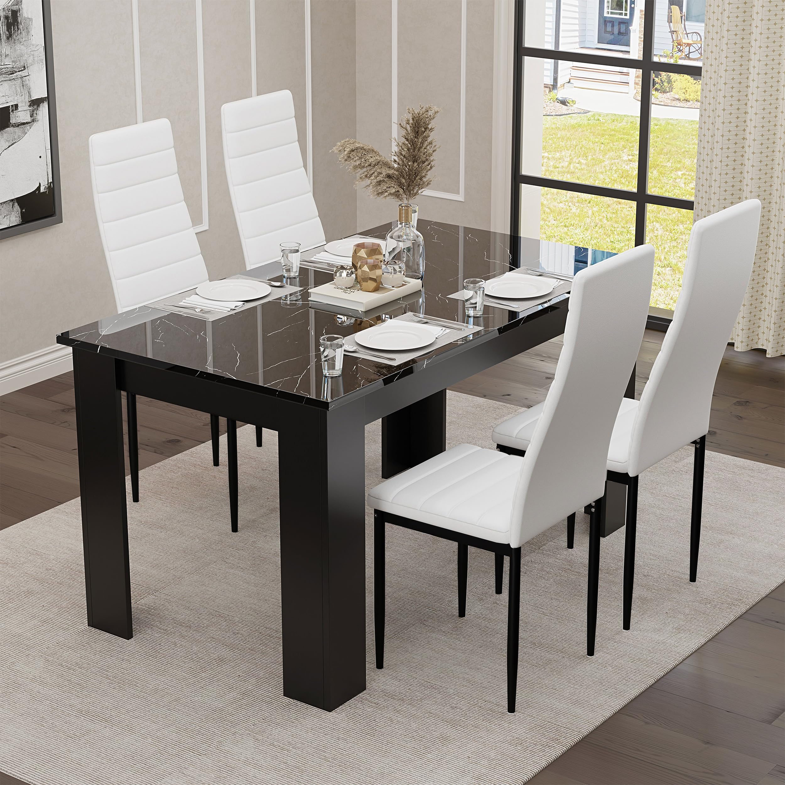 Blisswood Dining Table Set, Dining Table and Chair Set, Pu Leather Dining Room Chairs and 17mm Thick Table Top Long Modern Dining Table Set (Black Marble Dining Table and 4 White Chair)