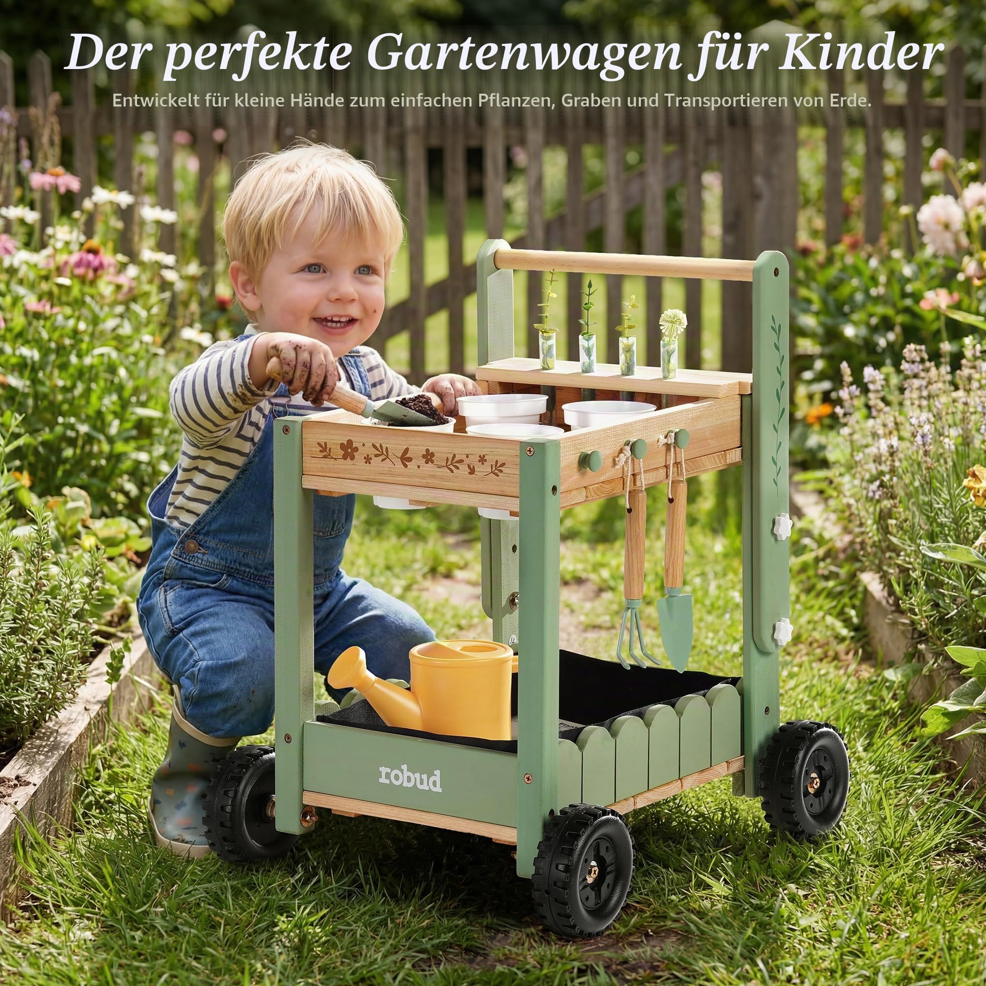 ROBUD Kinder Gartengeräte mit Holzwagen, Gartenwerkzeug mit Gießkanne, Schaufel, Handrechen, Pflanztöpfen und Hydroponik-Röhren, Pädagogisches Gartenset für Jungen Mädchen ab 3 Jahren, Grün
