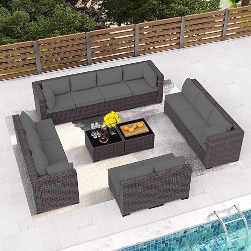 Outdoor Patio Furniture Set, 14 Pieces Outdoor Furniture All Weather Patio Sectional Sofa PE Wicker Modular Conversation Sets with Coffee Table,12 Chairs & Seat Clips(Grey)