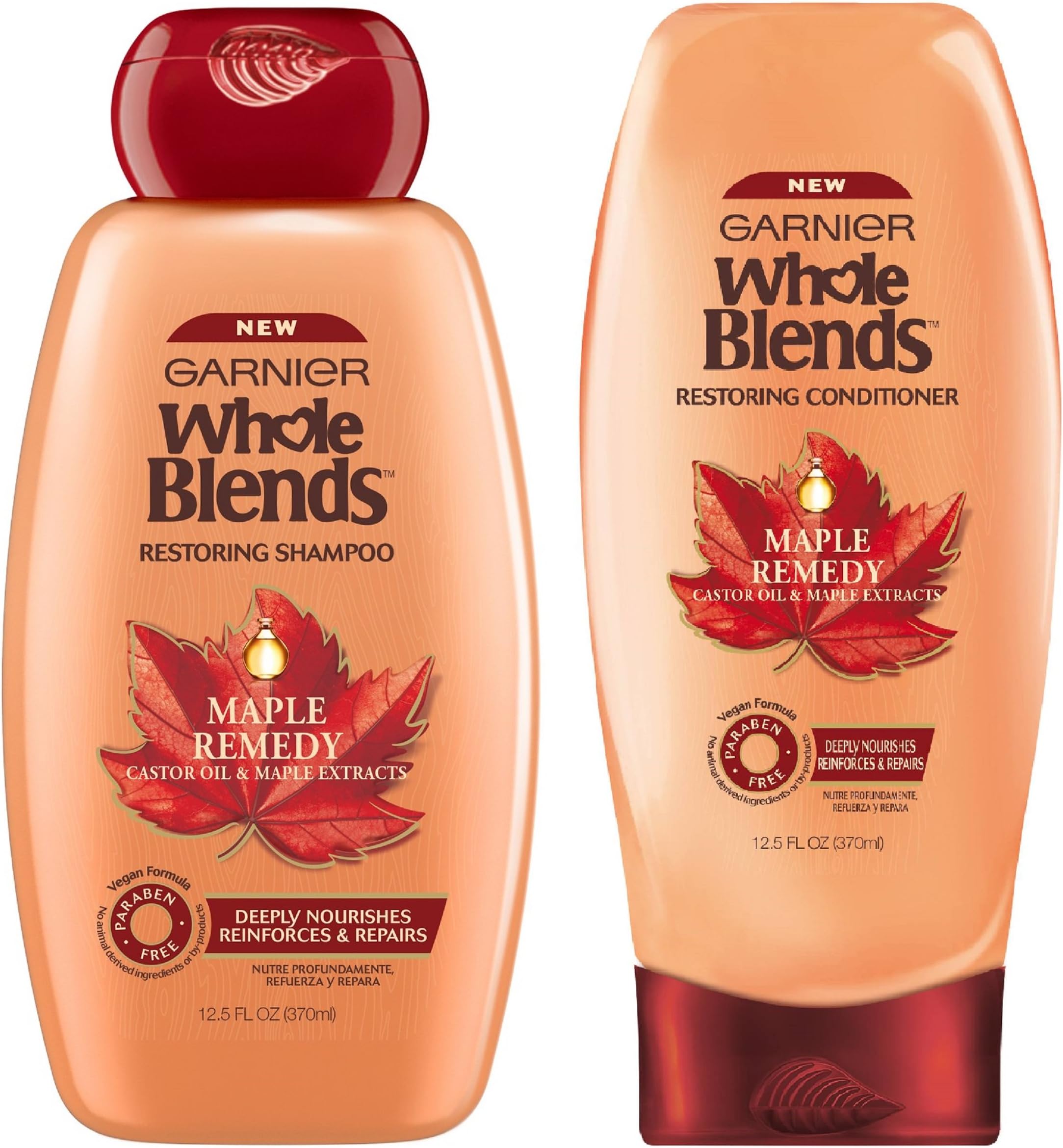 Garnier Whole Blends - Maple Remedy - Paraben Free Vegan Formula - Shampoo & Conditioner Set - Net Wt. 12.5 FL OZ (370 mL) Per Bottle - One Set