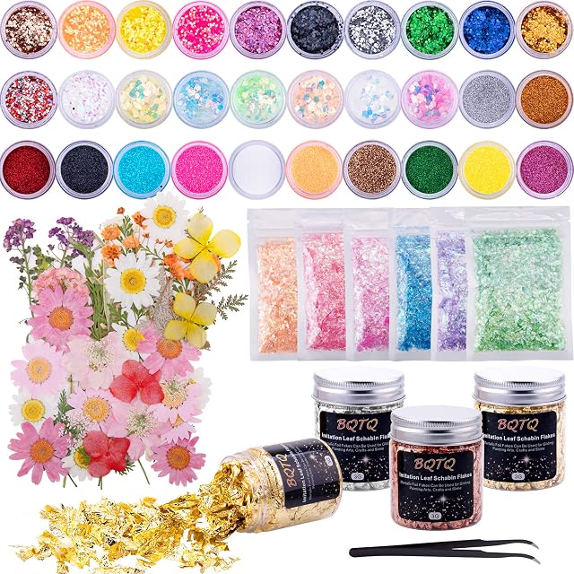 BQTQ 87 Pieces Resin Decoration Supplies Including 4 Bottles Gold Leaf Flakes 46 Pcs Large Dried Flowers 30 Pcs Glitter 6 Bags Foil Flakes and 1 Pc Tweezers for Resin DIY Craft Jewelry Making