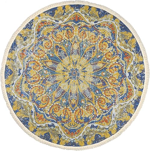 Miniatura 3 de Lacomfy Alfombra bohemia redonda de 5 pies antideslizante para dormitorio, alfombra de casa de campo, con mandala, para sala de estar, vestuario,