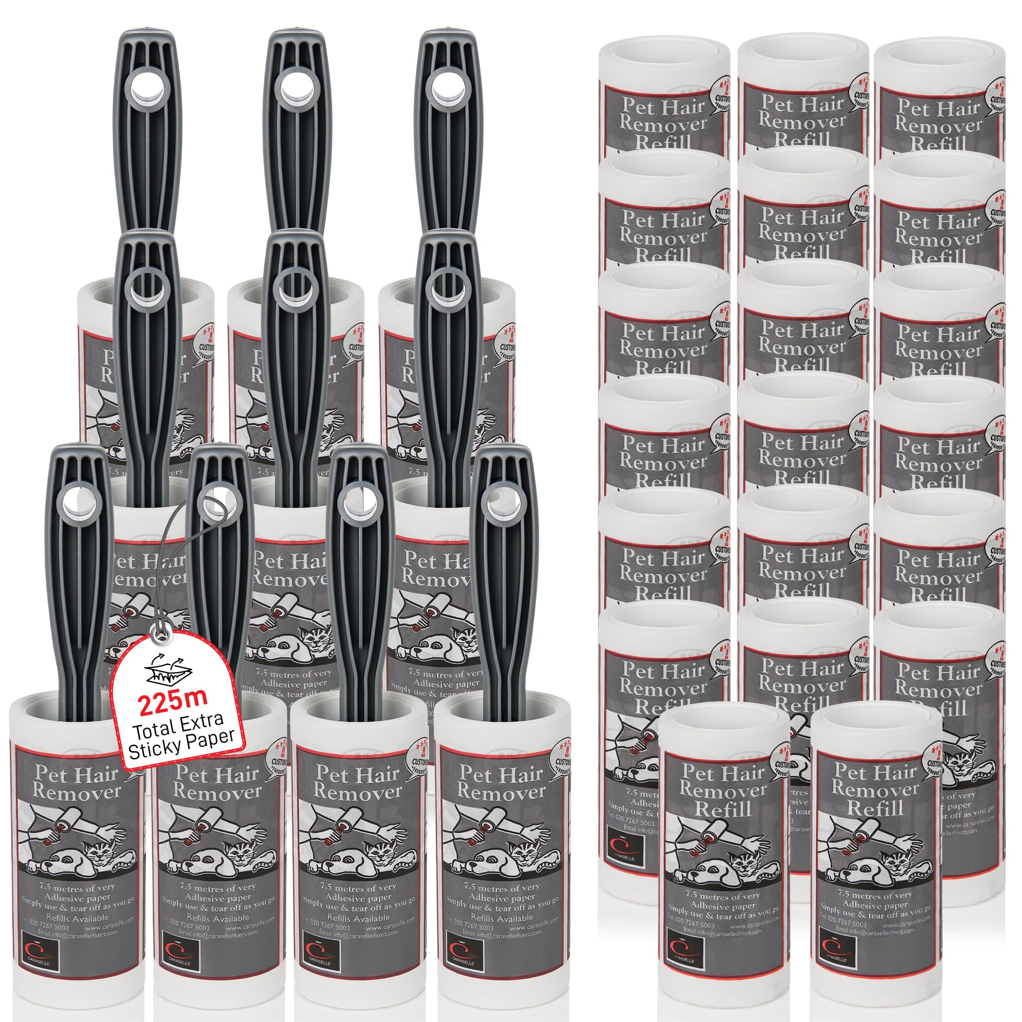 Caraselle Pet Hair Remover – 225m total (≈2250 Sheets Equivalent) Extra Sticky Lint Roller for Dog & Cat Hair on Clothes, Sofa & Furniture Continuous No-Perforation Paper Stays Extra Sticky To The End