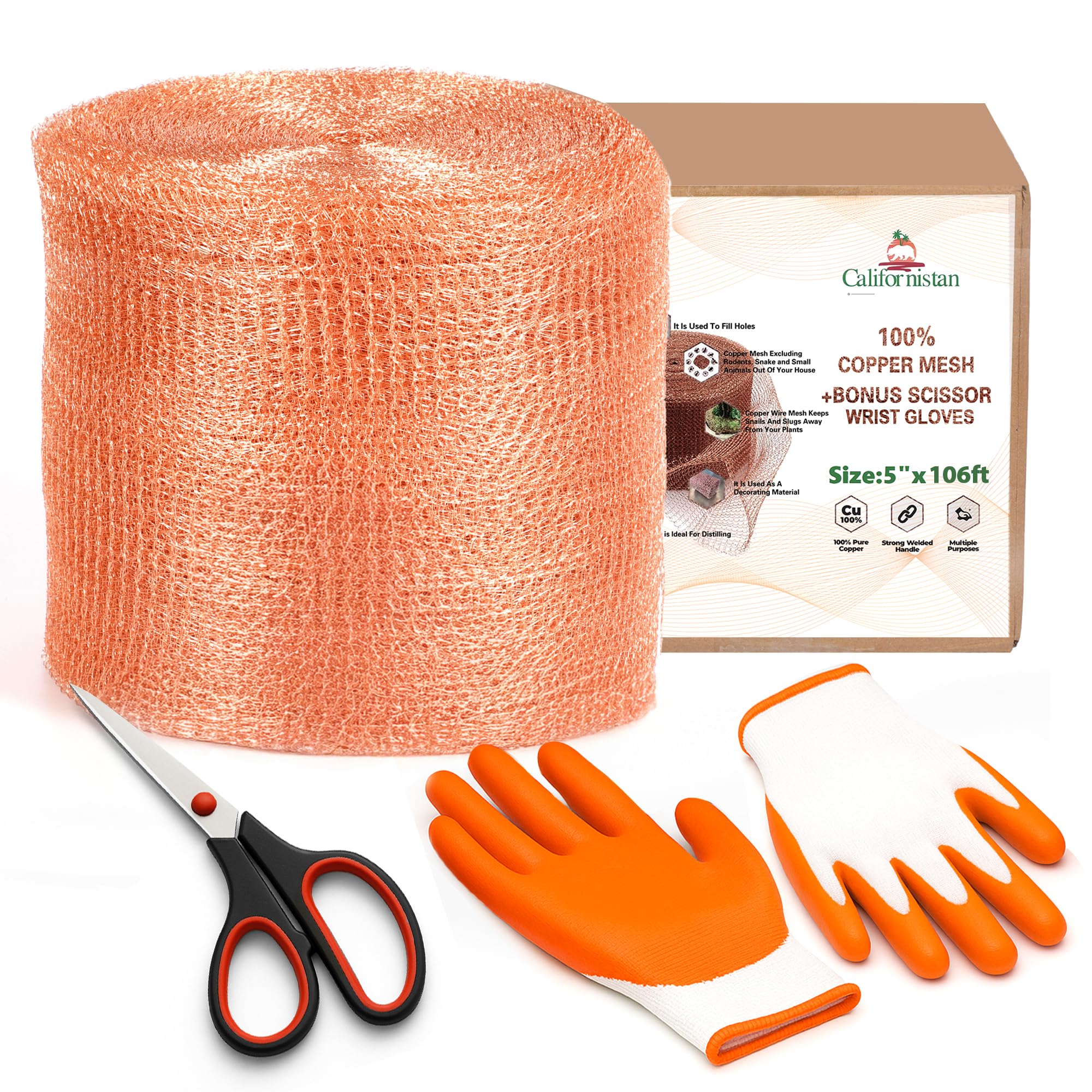 Copper Mesh Rodent Control, 5in x 106ft- Rustproof Copper Mesh Roll for Rodent, Bat & Snail - Perfect for Hole Blocking, Gardening & Sealing Water Opening - Plus Bonus Scissor & Gloves