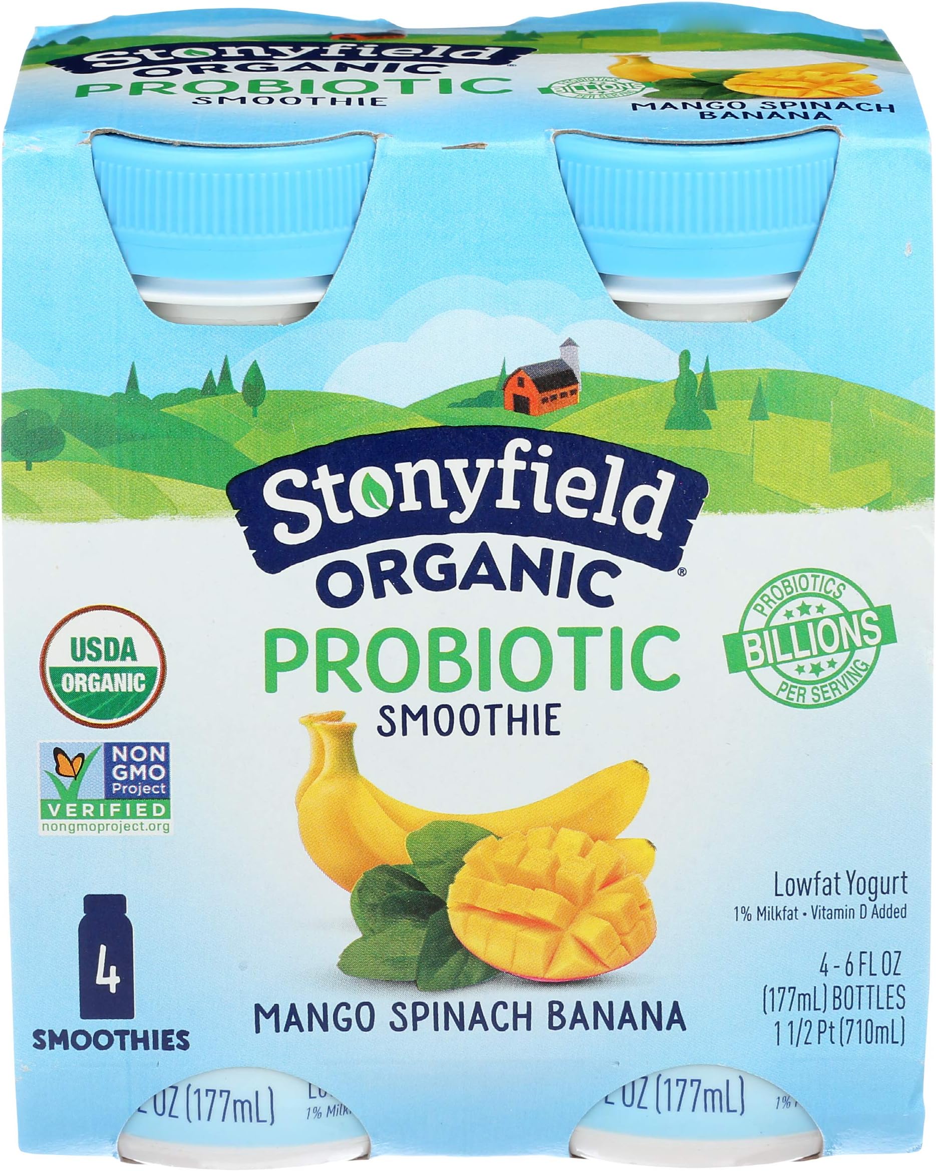 Stonyfield Organic Mango Spinach Banana Probiotic Smoothies 4- 6 Fl. Oz. Bottles, 6 Oz (Pack Of 4)