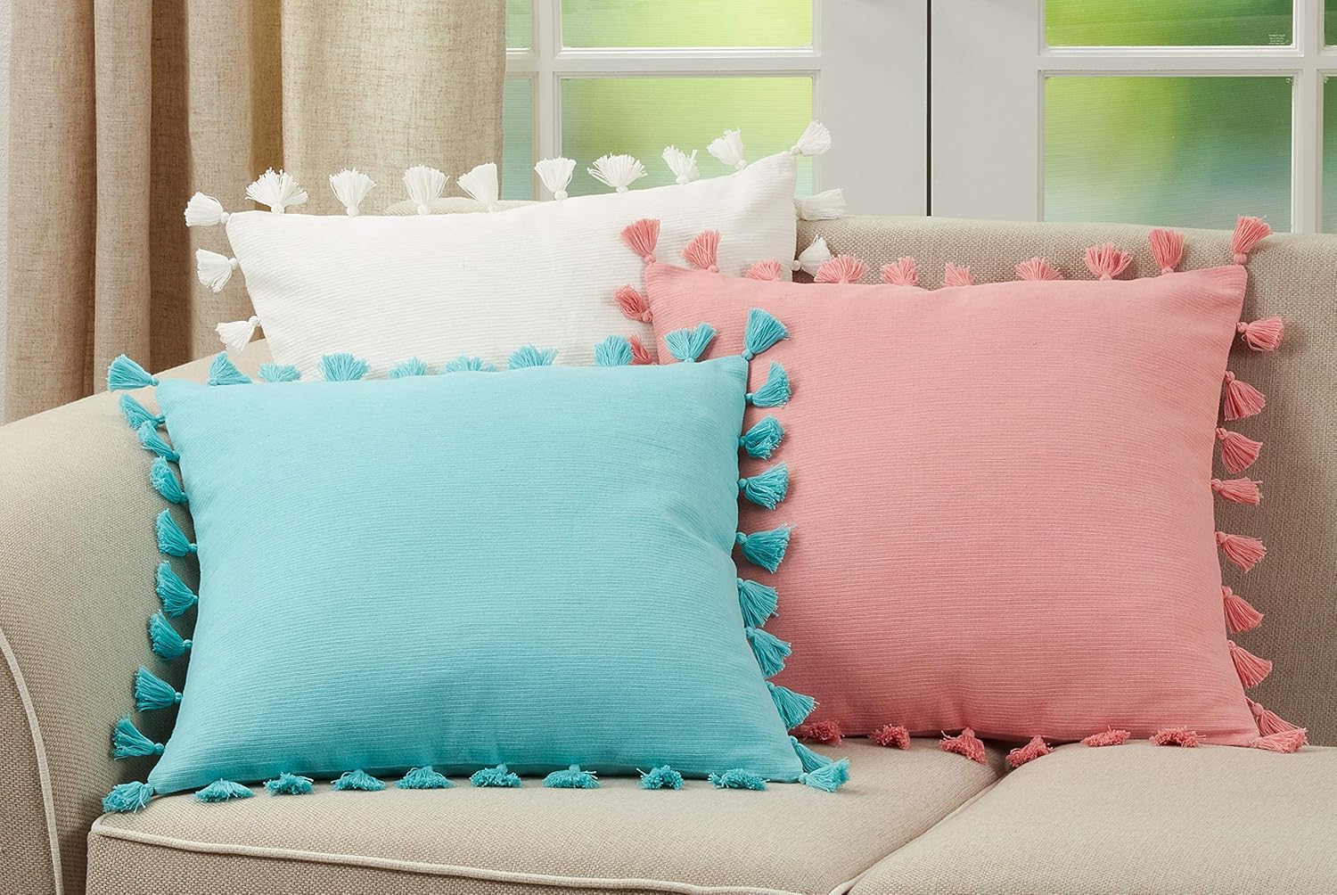SARO LIFESTYLE Mabel Collection Tassel Throw Pillow with Down Filling, 20", Turquoise
