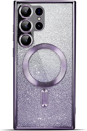 Diseñada para Samsung Galaxy S22 Ultra, funda magnética con purpurina chapada en degradado compatible con MagSafe, con protector de lente de cámara,
