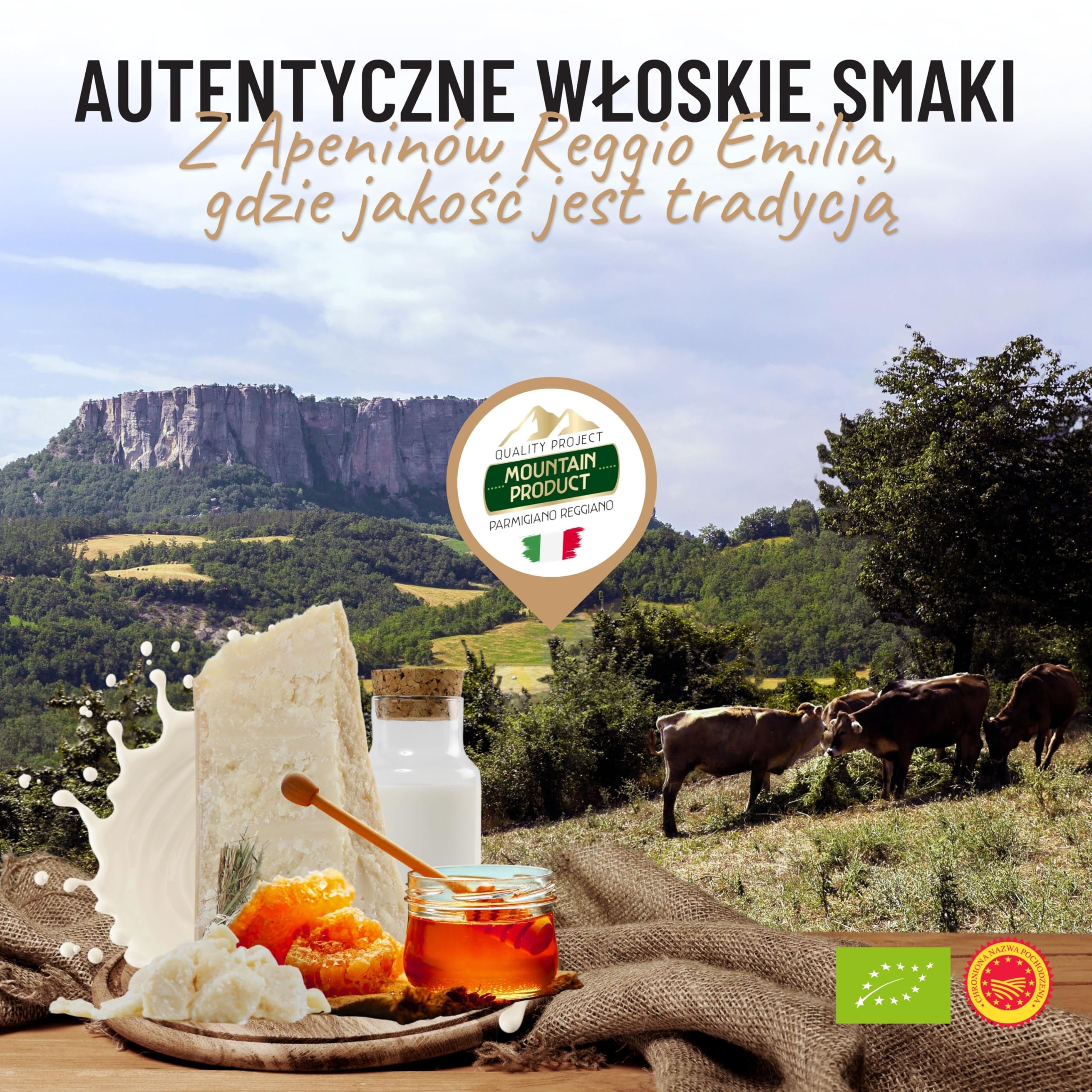 GUSTOEMILIA Kosz Upominkowy Gourmet: Ser i Miód - Parmigiano Reggiano dojrzewający (2 x 500 g) oraz Kasztanowy, Lipowy i Spadziowy (3 x 50 g) - Włoski Kosz Prezentowy na Wszystkie Okazje