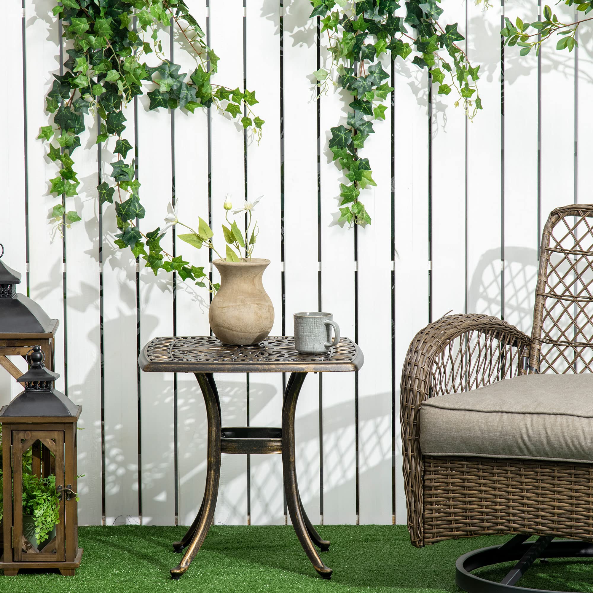 Outsunny Beistelltisch mit Schirmloch für Garten 54 x 54 x 52,5 cm Bronze | Terrassentisch, Gartentisch mit Aluminiumrahmen, Kaffeetisch für Balkon