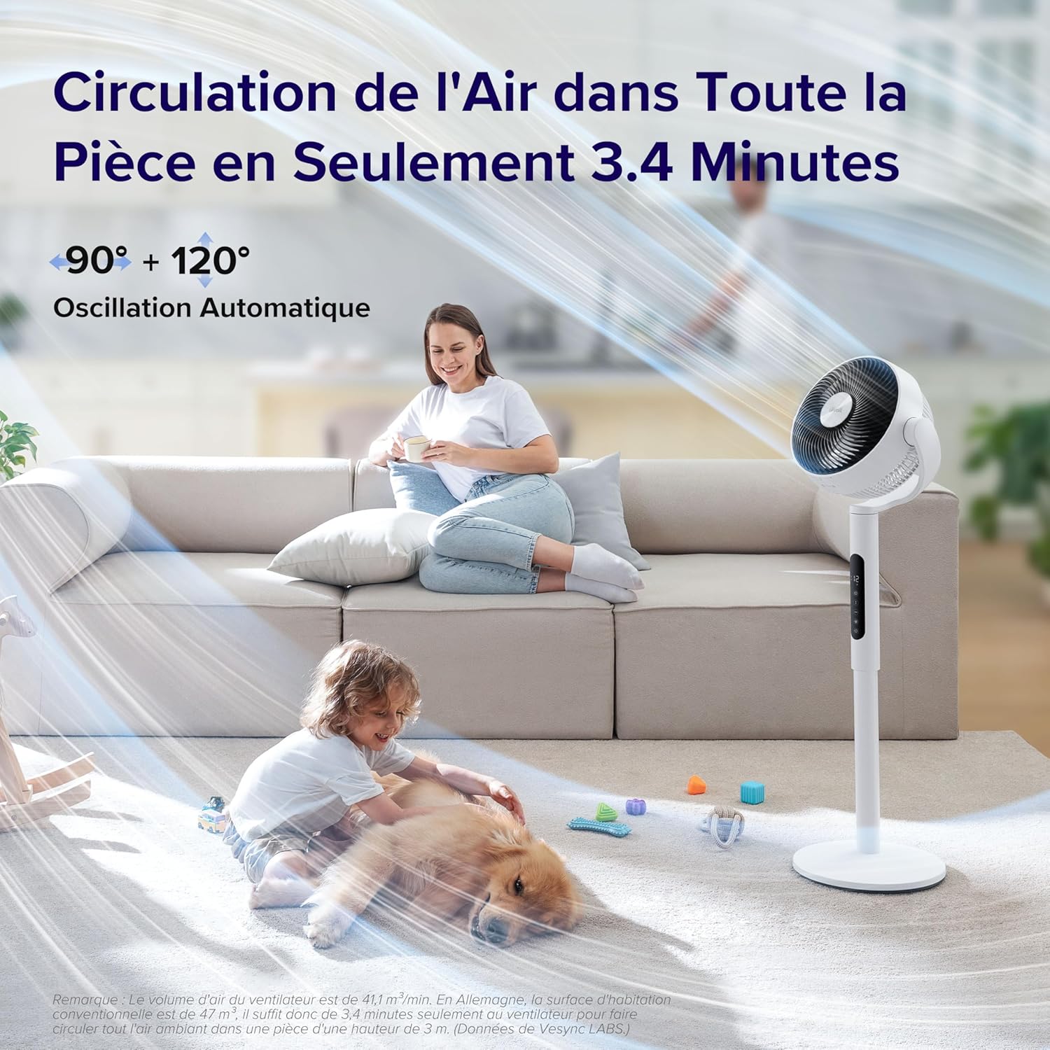 LEVOIT Ventilateur sur Pied Silencieux 20 dB, 2465 m³/h, 7,5 m/s, Oscillation 3D 90°+120°, 4 Modes 12 Vitesses, Minuterie 12h, Hauteur Réglable 110/70 cm - Description