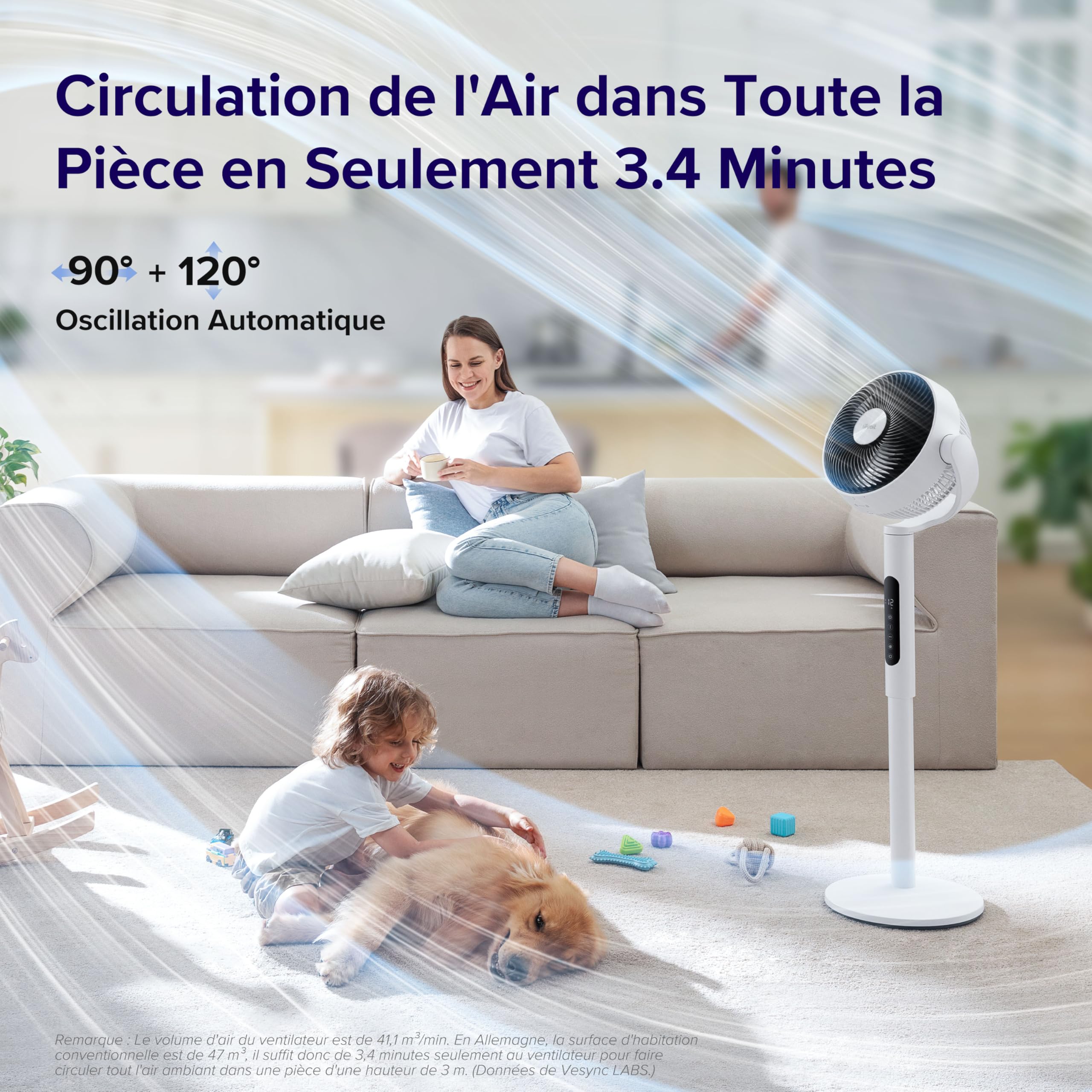 LEVOIT Ventilateur sur Pied 20 dB Silencieux, Puissant 2465 m³/h, Flux d'air 7.5 m/s, avec Télécommande, Oscillant 90°+120°,4 Modes 12 Vitesses, Minuterie 12h, Réglage Hauteur Circulation d'Air