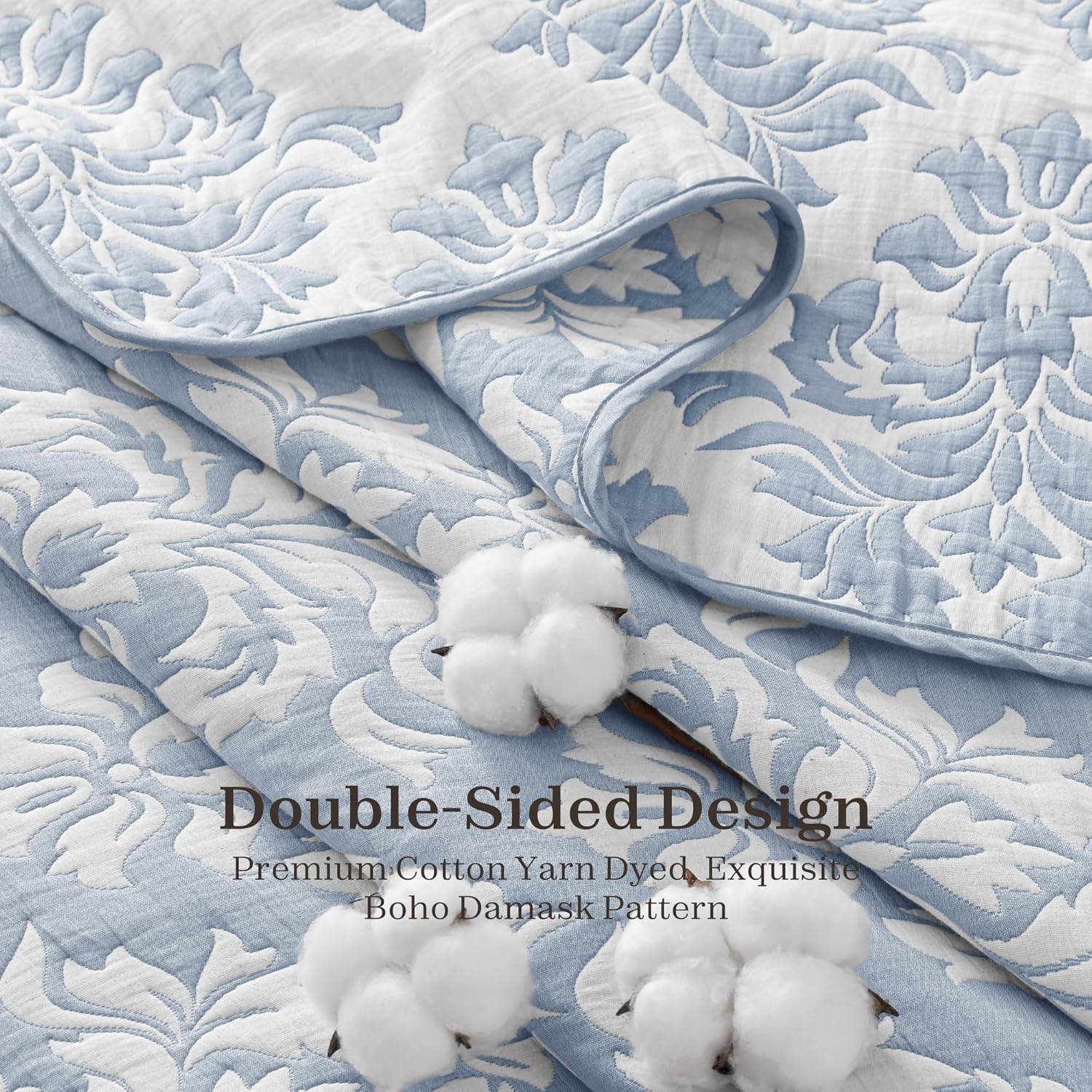 Exclusivo Mezcla Cotton Quilts Queen Size Blue, Soft Lightweight Bedspread Breathable Prewashed Bed Coverlet with 2 Pillow Shams, Boho Pattern Yarn Dyed Muslin Quilt Bedding Set for All Seasons