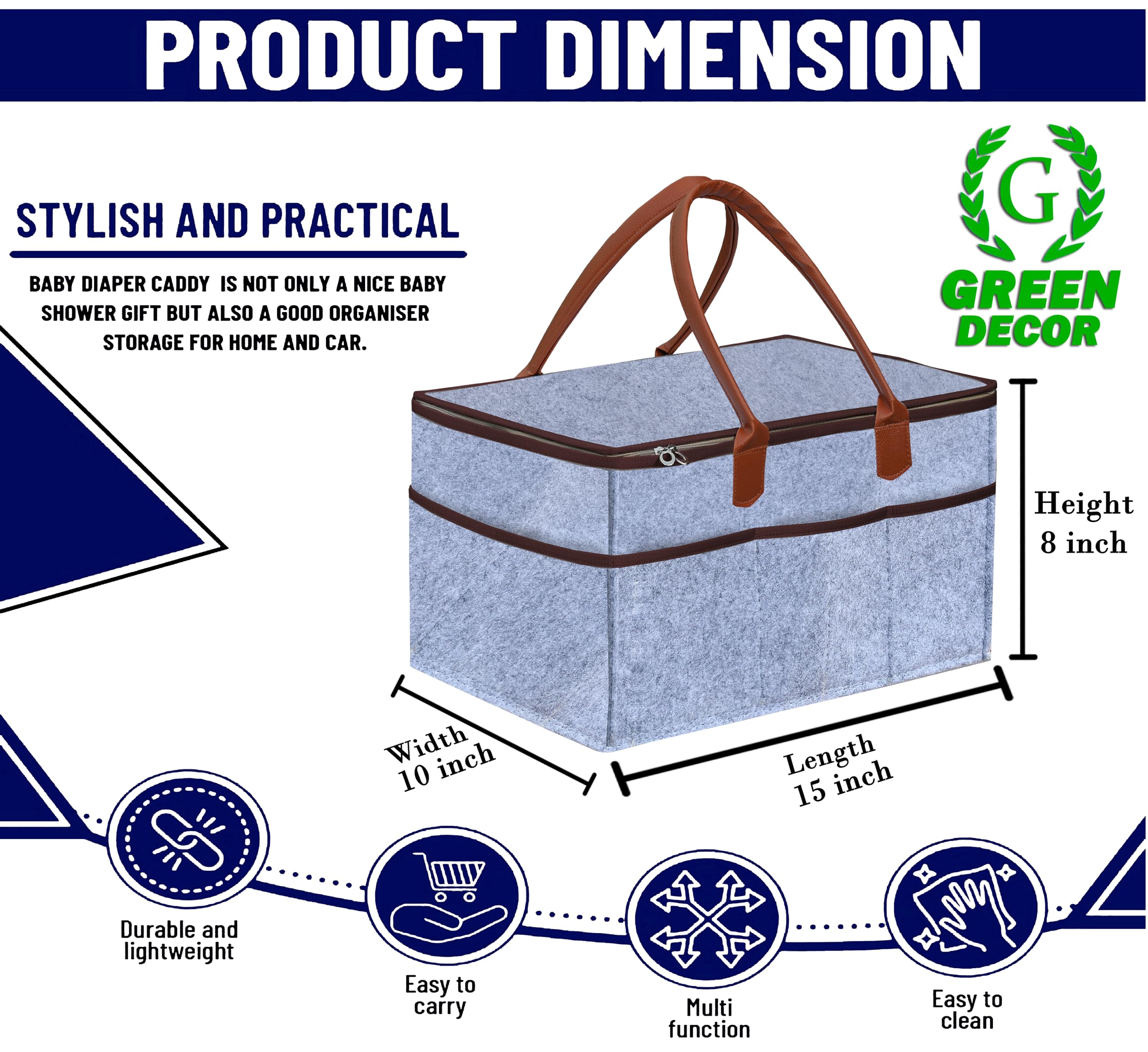 GREEN DECOR-Non Woven Fabric Diaper Caddy Bag with Handles & Zip Lock for Smart Mothers Baby Diaper Caddy Wipes Felt Storage Organizers,Foldable & Portable(Grey&Tan&Wine-15X10X8 Inch) - Image 2 thumbnail