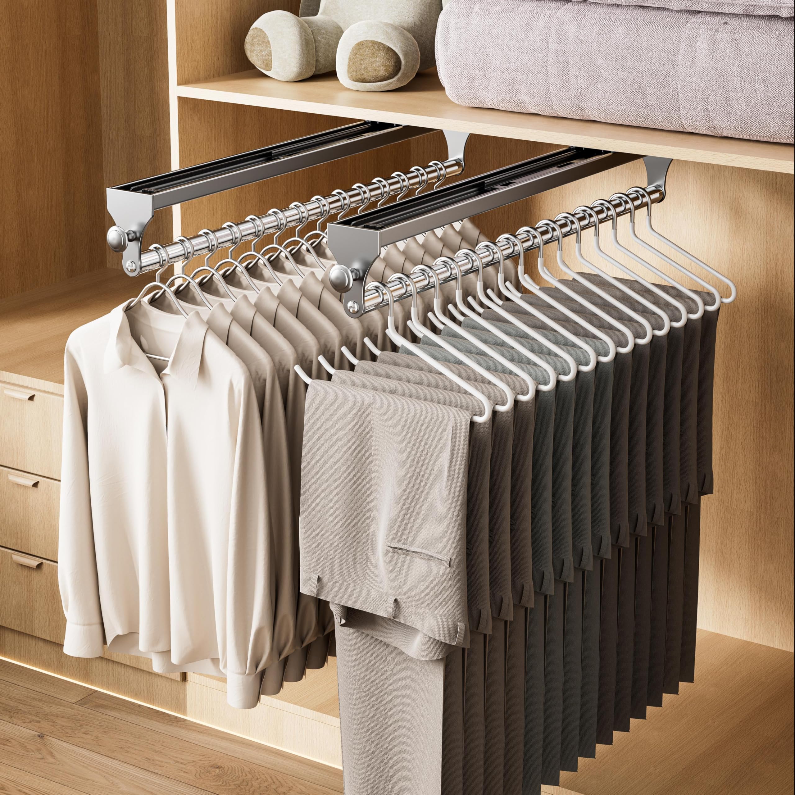 Photo 1 of 2 Pack Pull Out Closet Rod, 13.7inch Heavy Duty Pants Rack, Adjustable Clothes Hanger Rail, Space Aluminum Valet Rod, Top Mounted Wardrobe Clothes Organizer, Closet Storage for Trousers Coats Gray