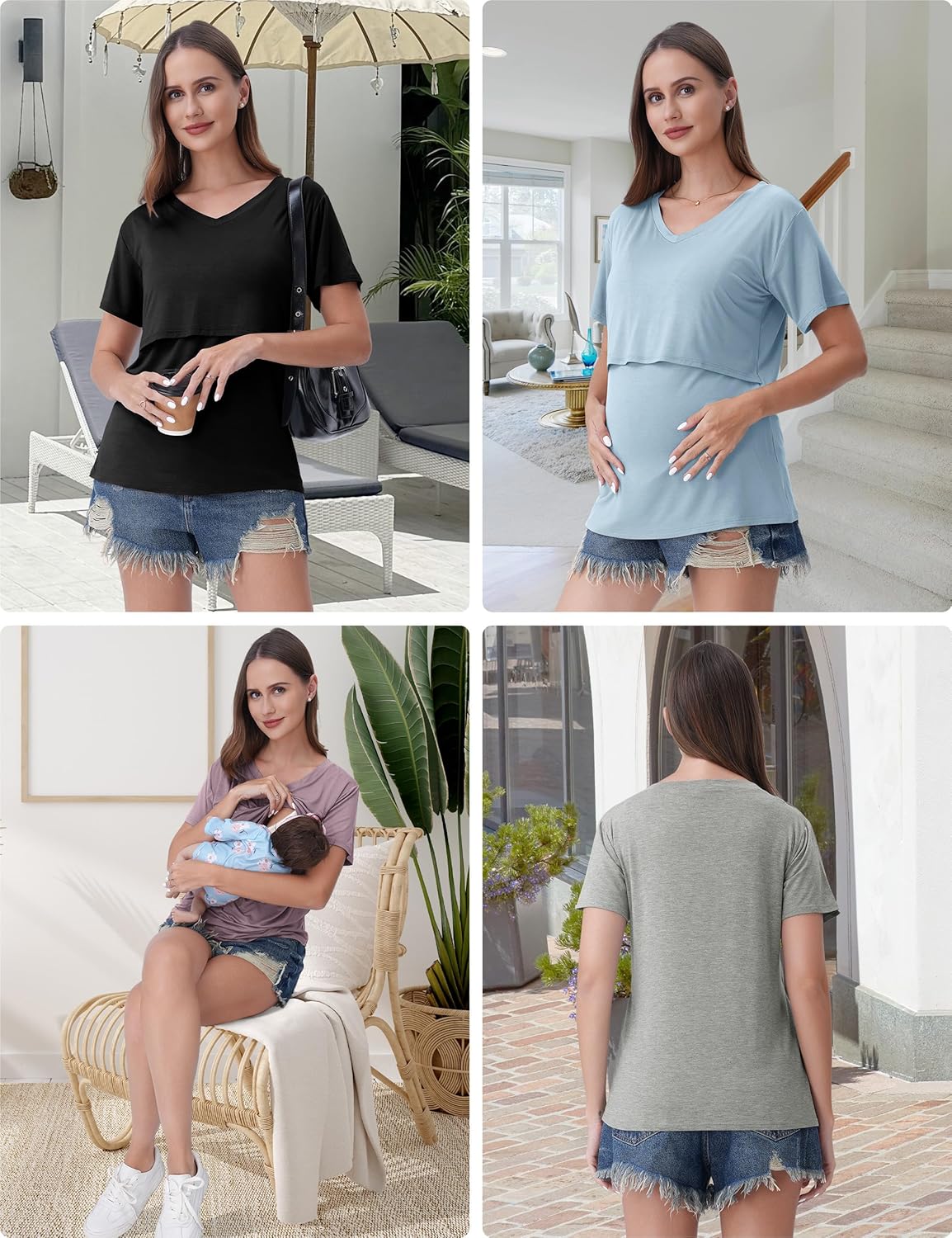 Rnxrbb 4 Pack Nursing Tops for Breastfeeding Summer Short Sleeve T Shirts V Neck Postpartum Clothes