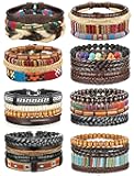 31 Pcs Braided Leather Bracelets for Men Women Wooden Beads Cool Hemp Tribal Wristbands Cuff Punk Multilayered Bracelets