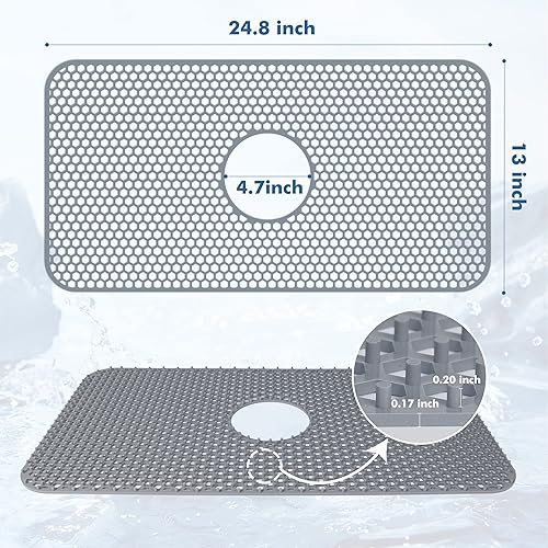 Miniatura 105 de Paquete de 2 tapetes de silicona para fregadero de 13.58 x 11.6 pulgadas, protectores para fregadero de cocina con drenaje central, rejilla Gris