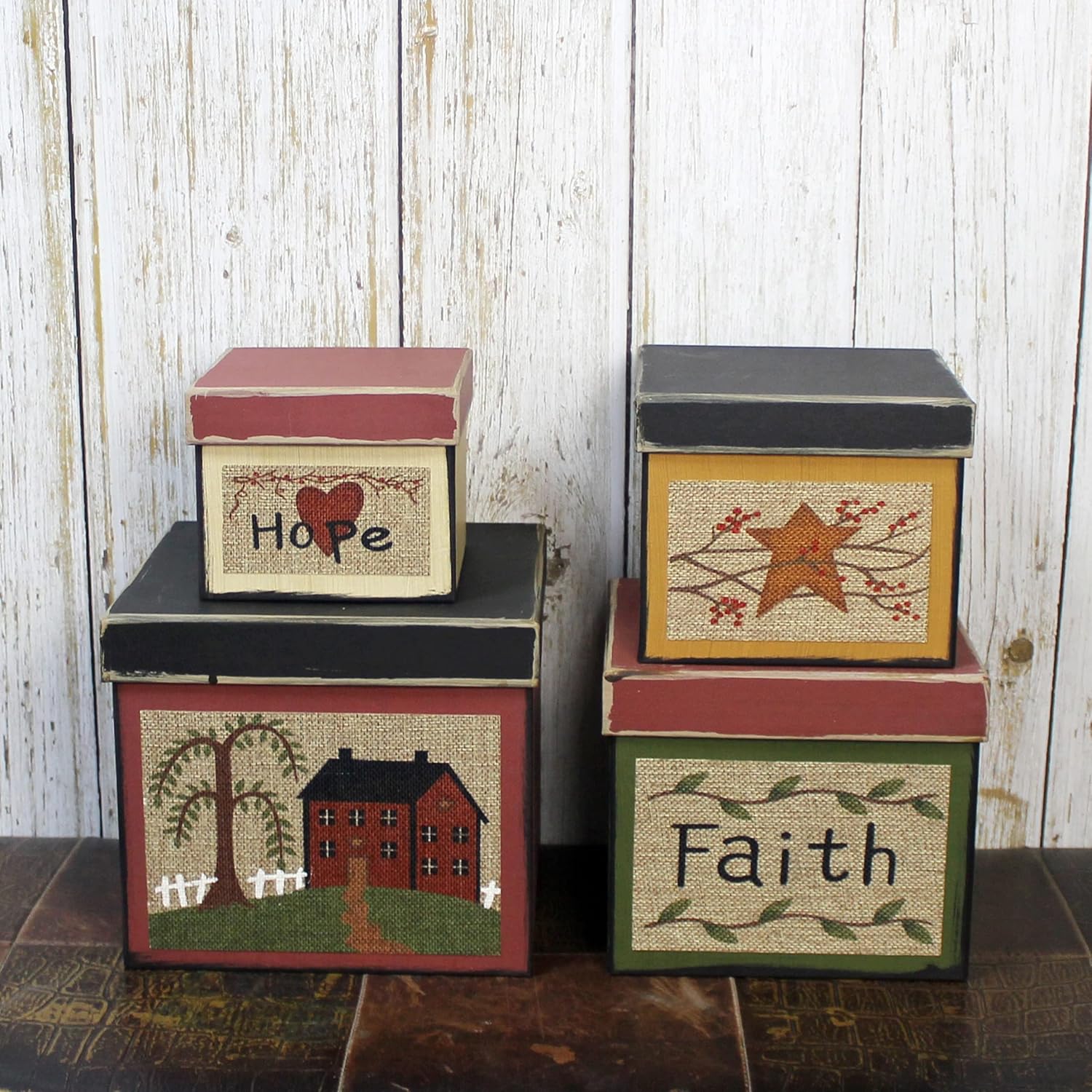 CVHOMEDECO. Square Primitives Vintage Hope Faith Star House Collectibles Cardboard Nesting Boxes, Set of 4. (8" x 8" x 7"H)