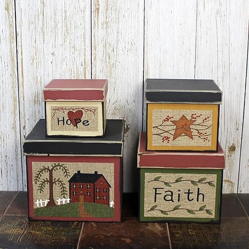 Miniatura 4 de CVHOMEDECO. Square Primitives - Juego de 4 cajas de cartón coleccionables vintage Hope Faith Star House (8 x 8 x 7 pulgadas de alto)