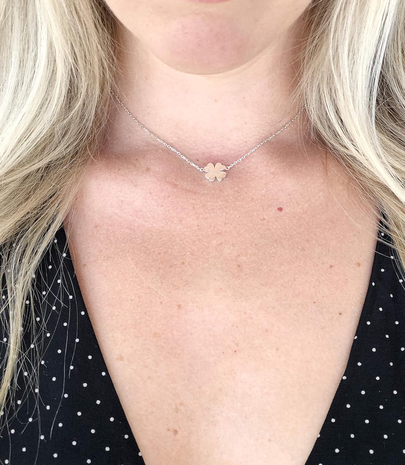 Dote Lucky Four Leaf Clover Pendant Dainty Genuine .925 Sterling Silver Hammered Necklace w/ 16-18" Adjustable Chain