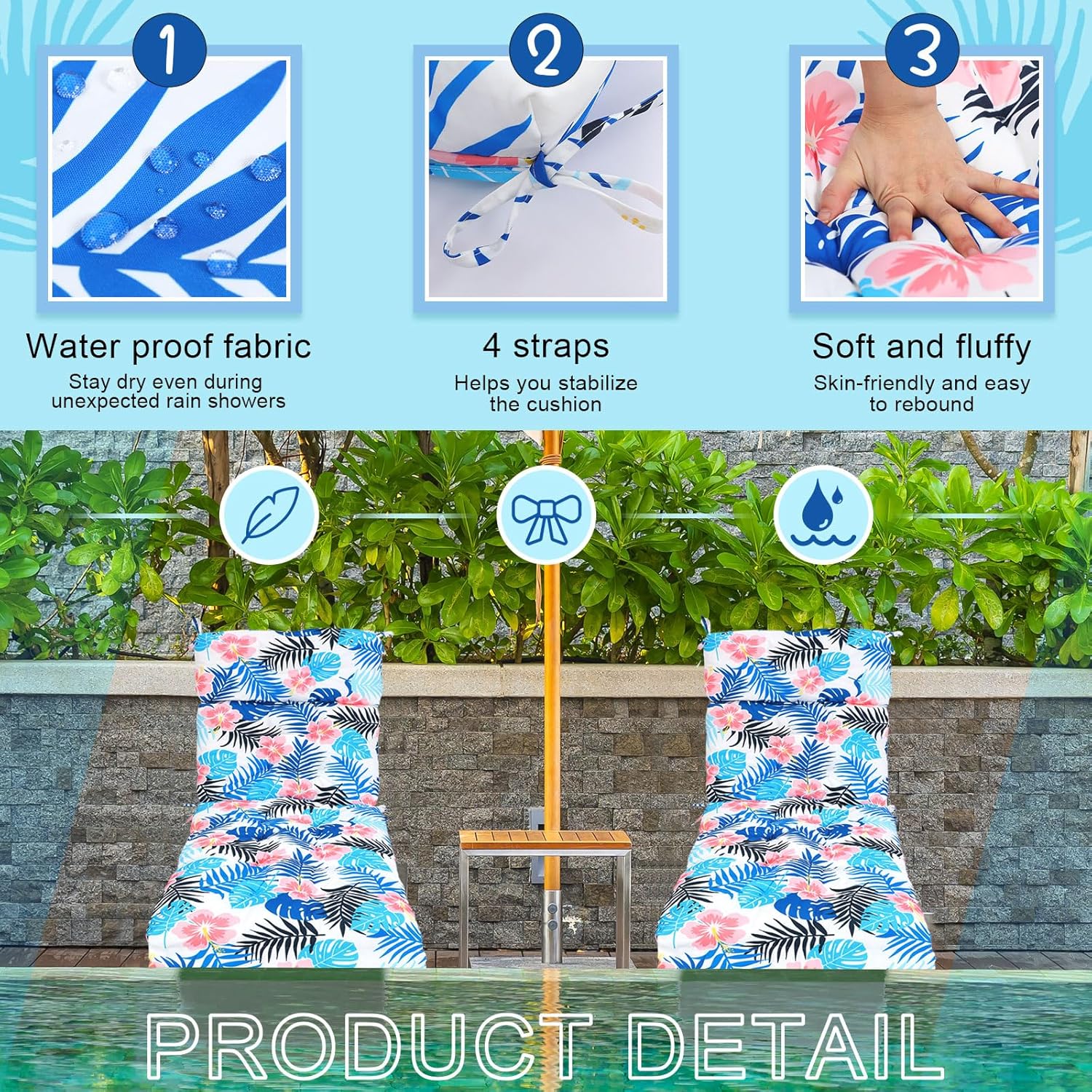 2 Pcs Indoor/Outdoor Chaise Lounge Cushions 72"x22" Replacement Wicker Chair Cushion Rocking Chair Sofa Cushion for Lounge Pads Outside Furniture Loveseat Bench Porch Swing Patio Chair