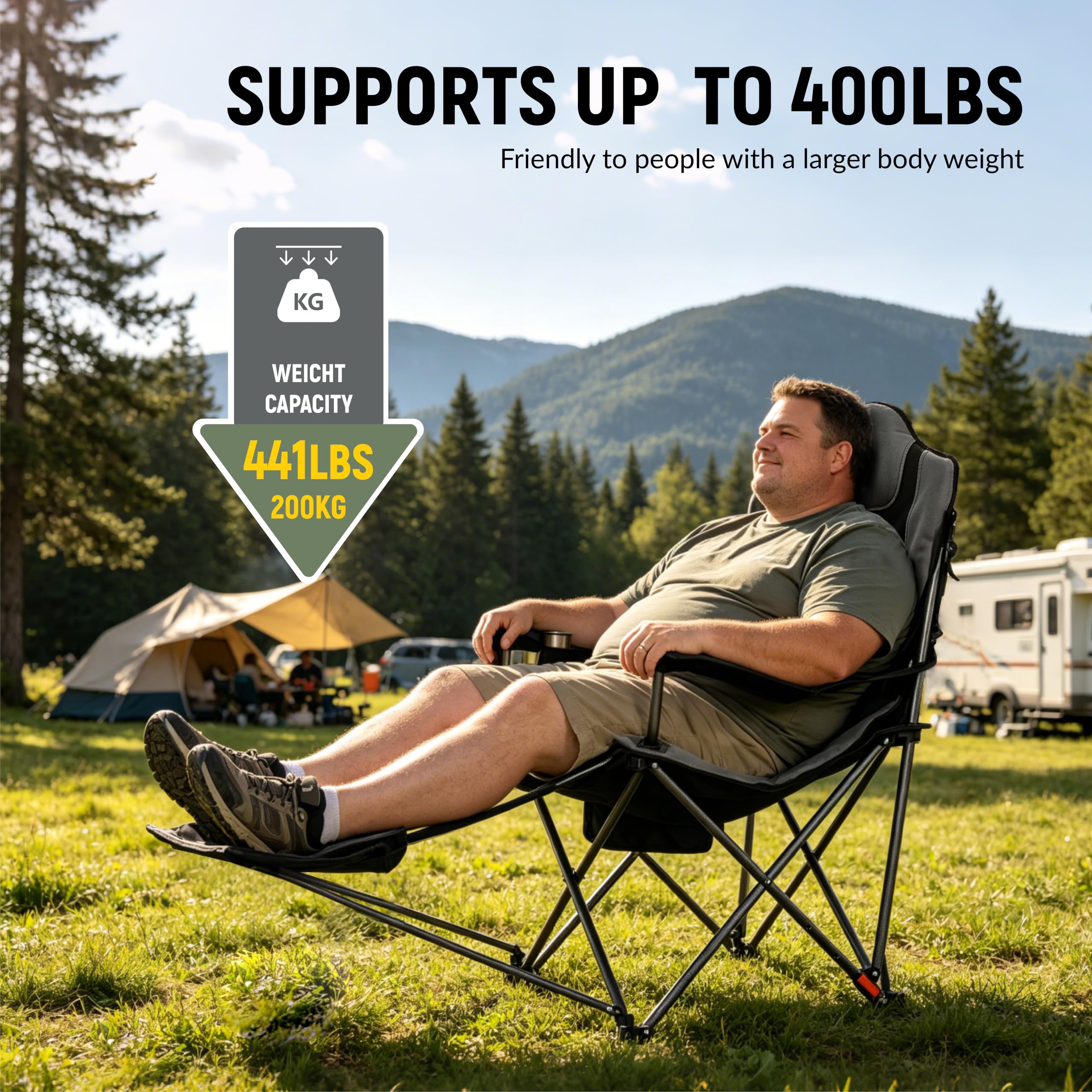 OUTSIDER Silla de camping resistente con reposapiés, 200 kg, silla plegable de 3 posiciones, soporte para bebidas, bolsillo superior con cremallera y bolsillo lateral, portátil para camping, pesca